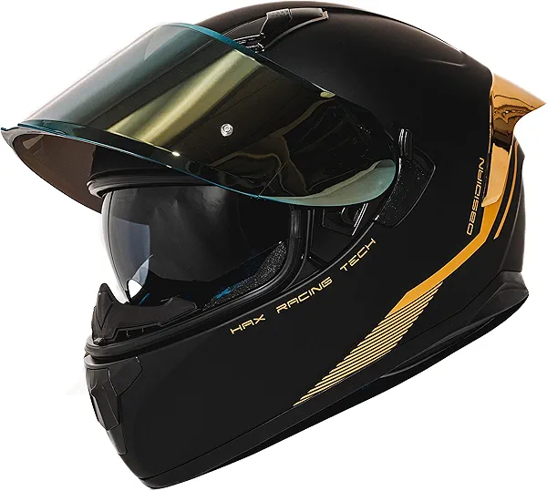 HAX Obsidian Full Face Dual Visor Adult Motorcycle Helmet for Motorbike Street Bike with Pinlock Ready DOT Approved Matte Black Gold XL