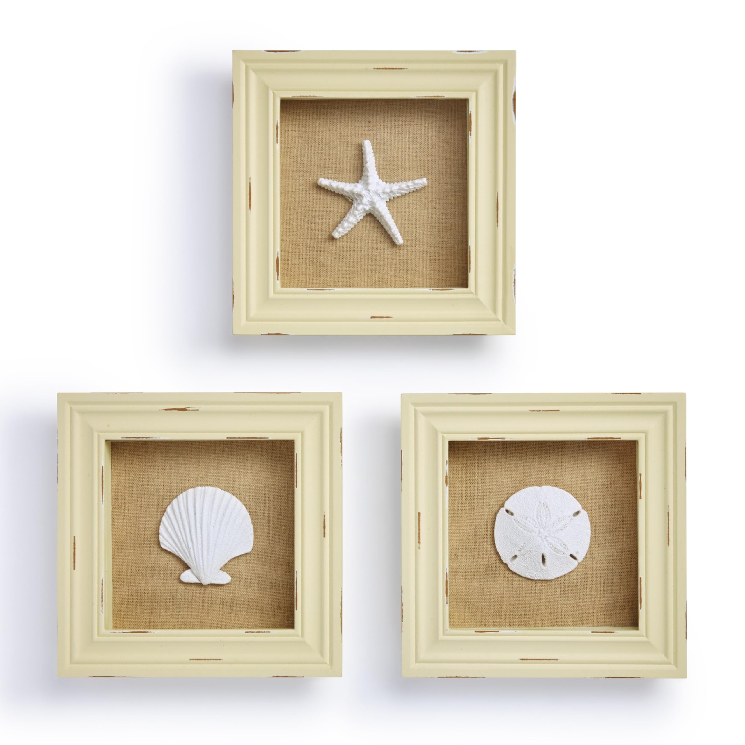 Tumbler Home Coastal Wall Decor, Set of 3 Shadow Boxes 7x7, Starfish, Sand Dollar & Seashell Framed 3D Wall Art for Beachy Bathroom, Bedroom & Beach House Décor
