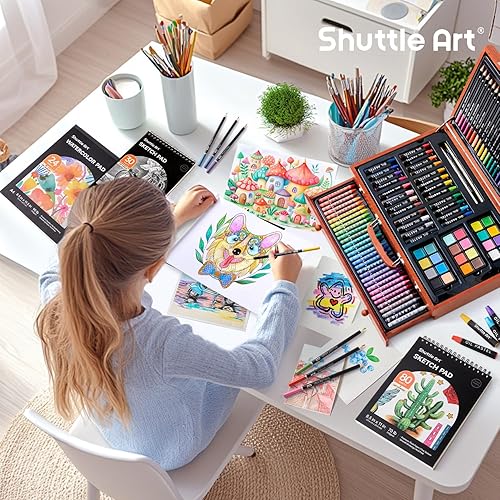 Miniatura 8 de Shuttle Art - Juego de 149 piezas de arte de lujo, suministros de arte en estuche de madera, kit de dibujo y pintura con crayones, lápices