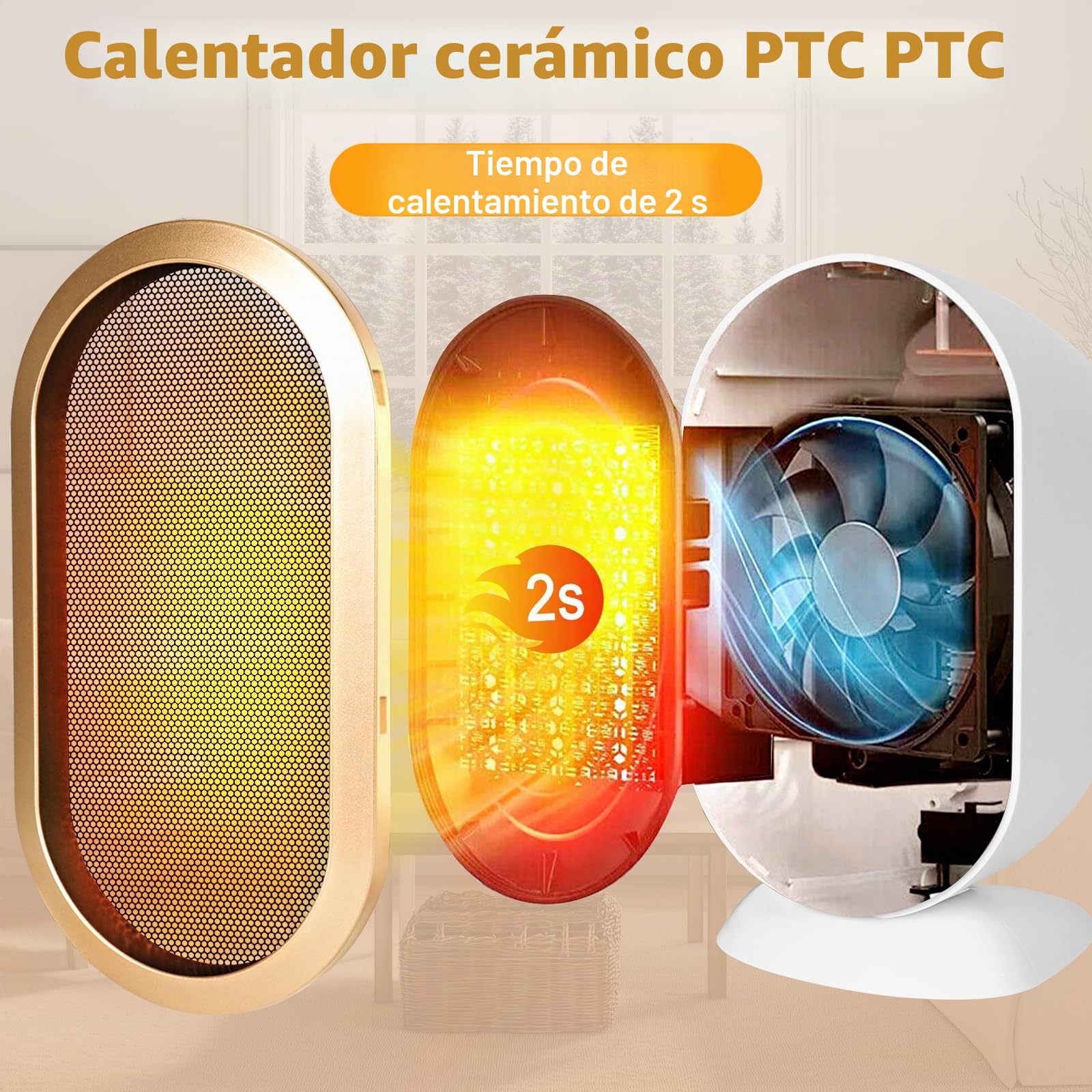 Calefactor Bajo Consumo Pequeños, 800/1200W Calentador Cerámico Silencioso, Protección Contra el Sobrecalentamiento/Automatic Shut-Off, Ventilador Calentador Electrico para Dormitorio y Oficina