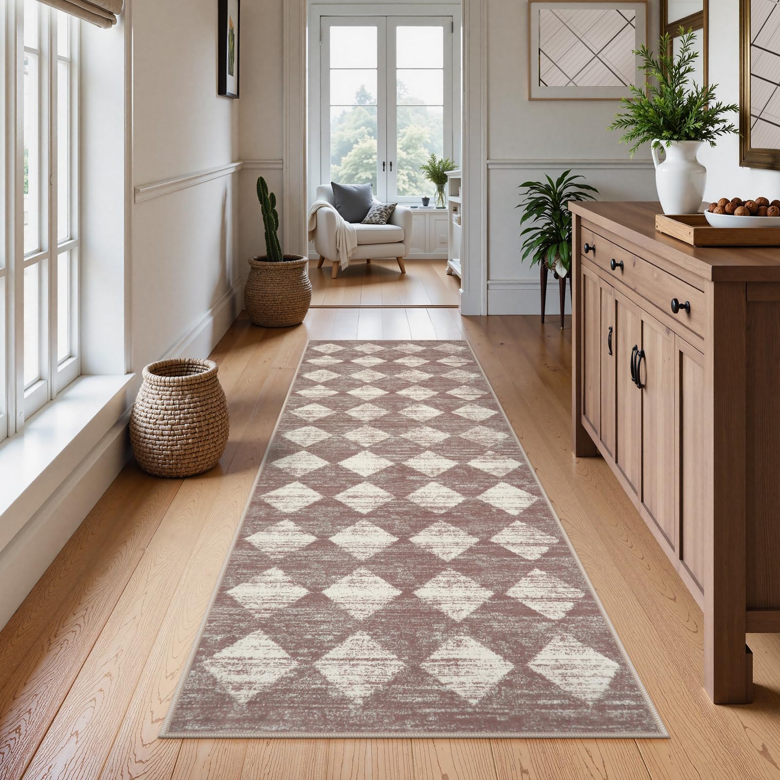 Lahome Moroccan Treills 2x8 Washable Hallway Runner Rug, Non Slip Bathroom Kitchen Carpet Runners, Checkered Modern Soft Runner for Entryway Living Room, Beige โ image 1