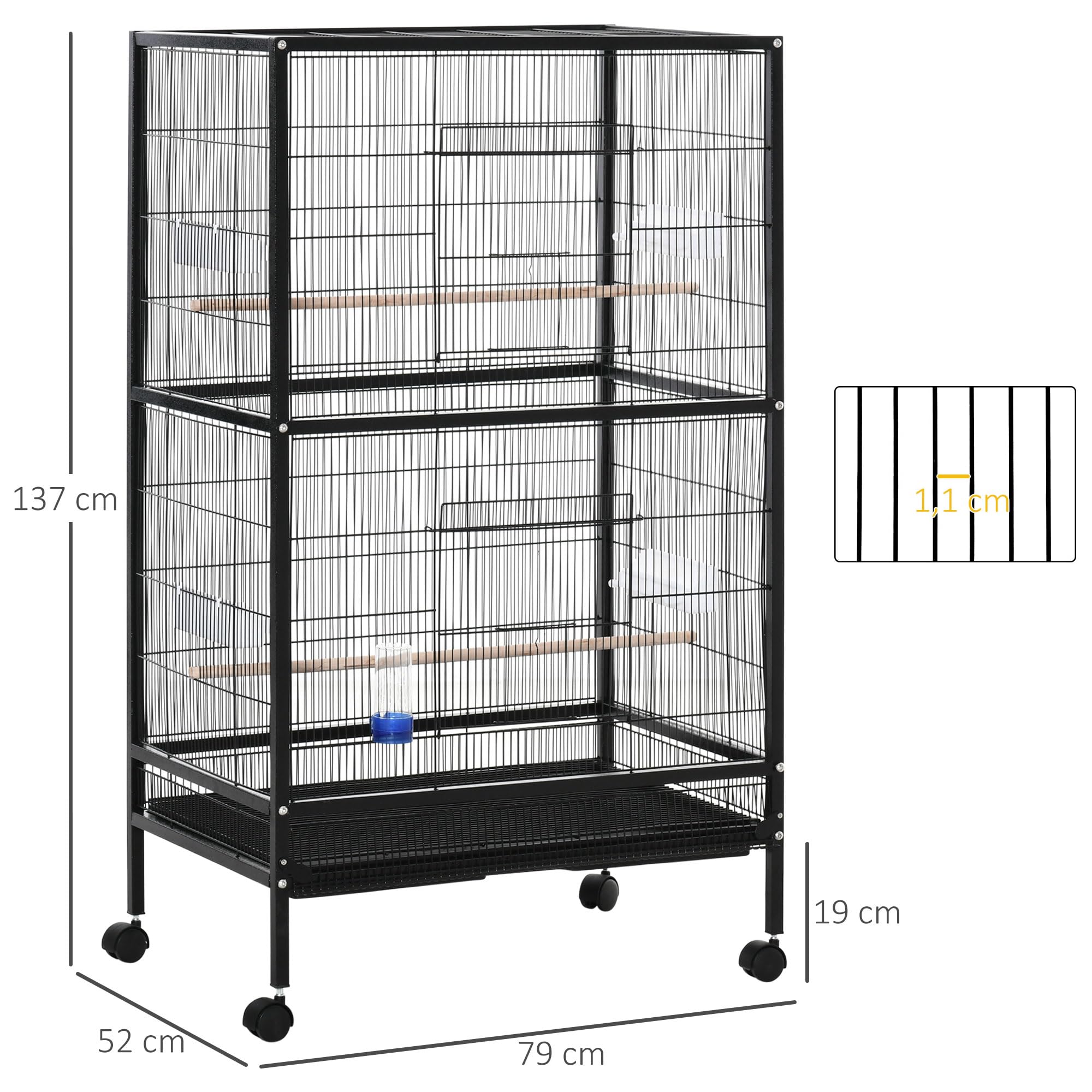 PawHut Jaula para Pájaros Pajarera con 4 Ruedas 4 Puertas 4 Comederos 2 Perchas Bandeja y Bebedero para Loros Canarios Periquitos 79x52x137 cm Negro