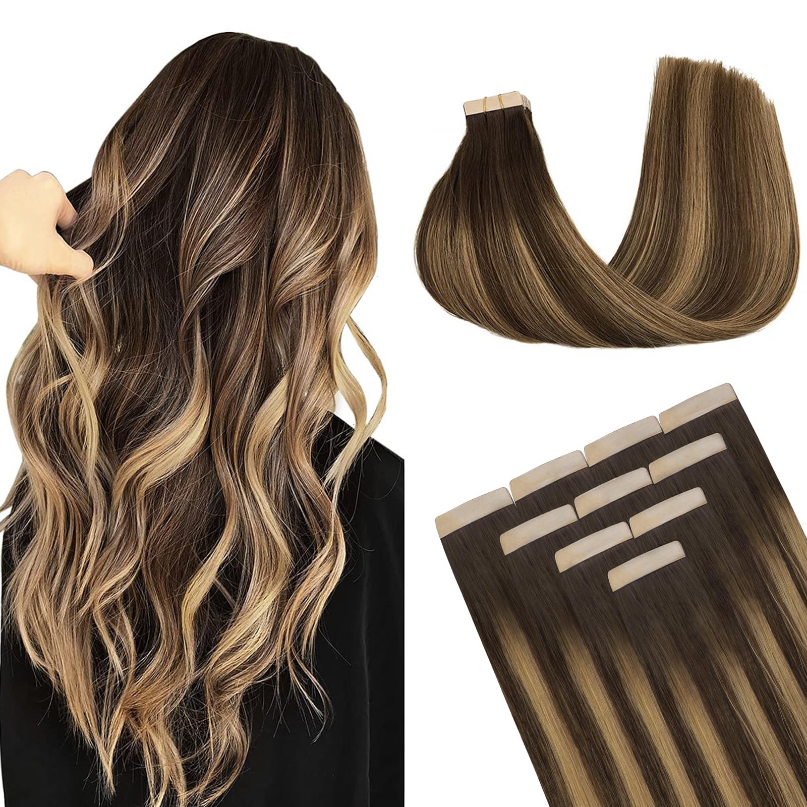 DOORES Human Hair Extensions Tape in, Balayage Walnut Brown to Ash Brown and Bleach Blonde, 18 Inch 20pcs 50g, Tape in Hair Extensions Silky Straight Soft Weft — view 60