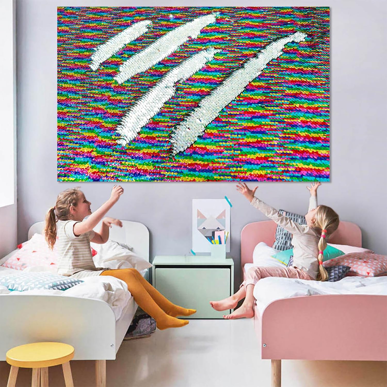 VOK Sequin Flip Fabric by The Yard, Reversible Glitter Fabric for Graffiti, Bridal Dress, Wedding Decorations, Sewing, DIY Handmade (5 yd, Iridescent + Silver)