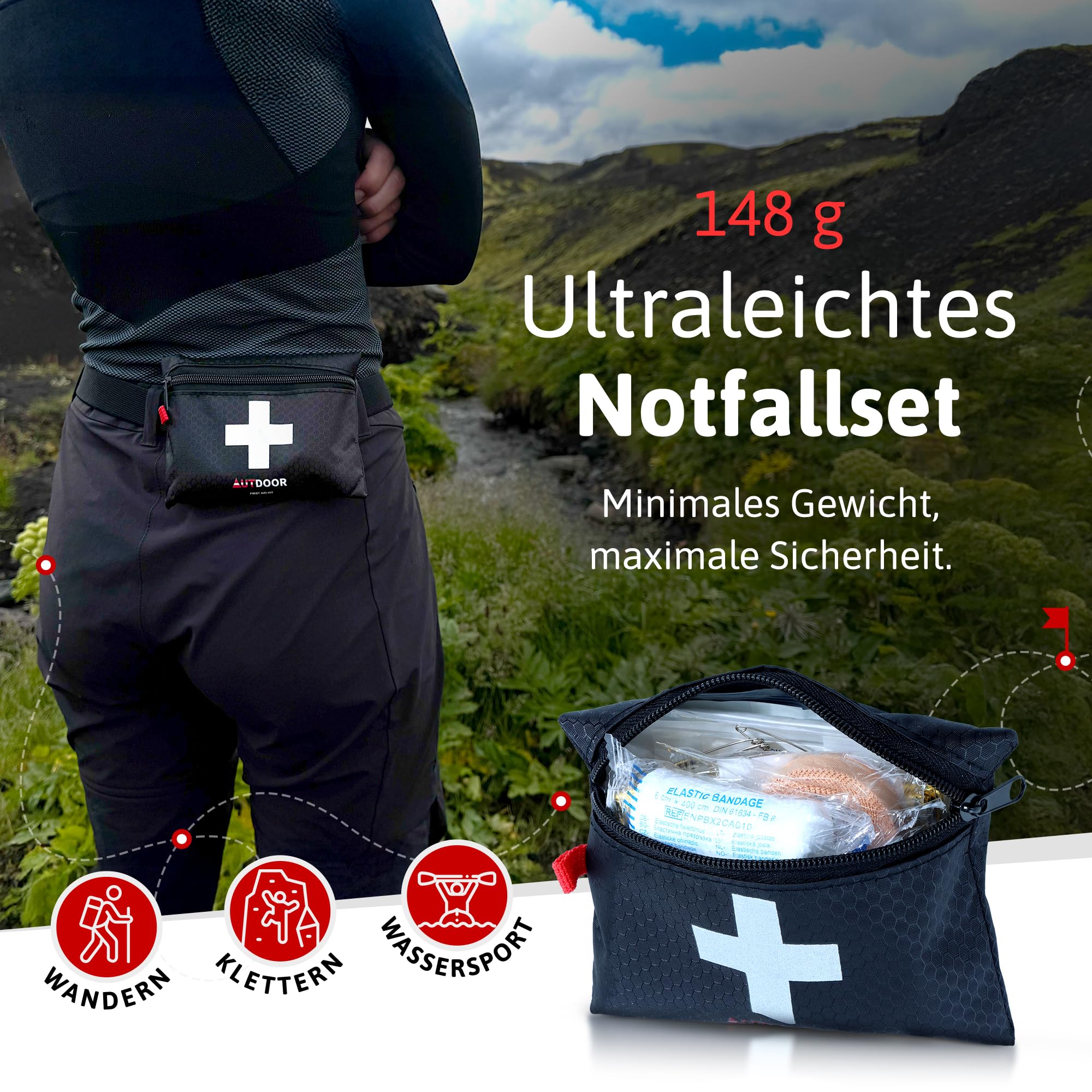 AUTDOOR® Erste Hilfe Set Lite – ultraleicht & kompakt – entwickelt von Ärzten – Robuste Reiseapotheke für Wandern, Klettern & Wassersport – Notfalltasche mit Essentials