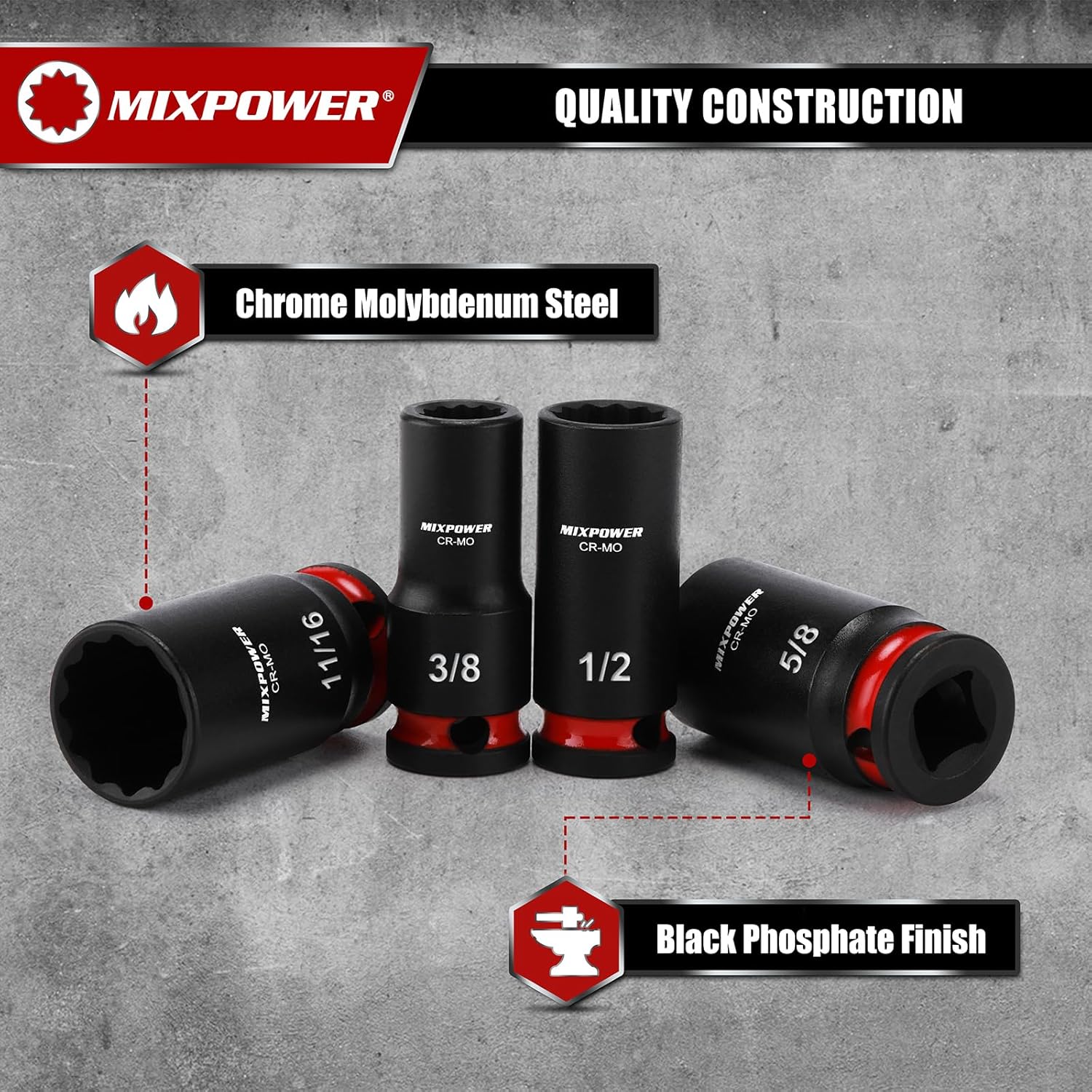 MIXPOWER 12 Pieces 3/8'' Drive Semi-Deep Impact Socket Set,12 Point,SAE,5/16"-1",CR-MO,Axle Nut Impact Grade Socket for Easy Removal