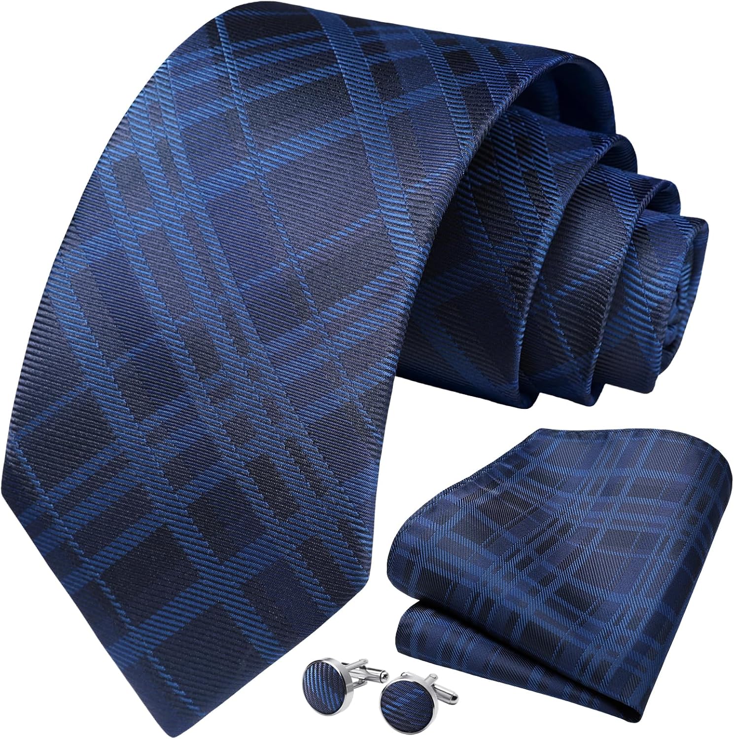 HISDERN Mens Tie Set Stripe Plaid Ties with Pocket Square Cufflinks Formal Business Silk Necktie Handkerchief for Men - Image 2