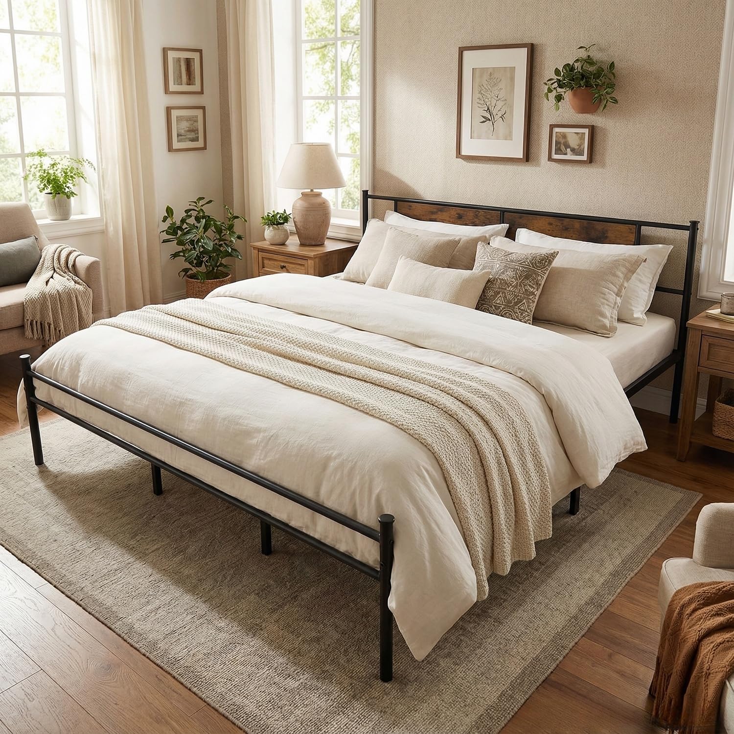 King Size Bed Frames with Headboard and Footboard Platform Bed Frame with Metal Slats Support No Box Spring