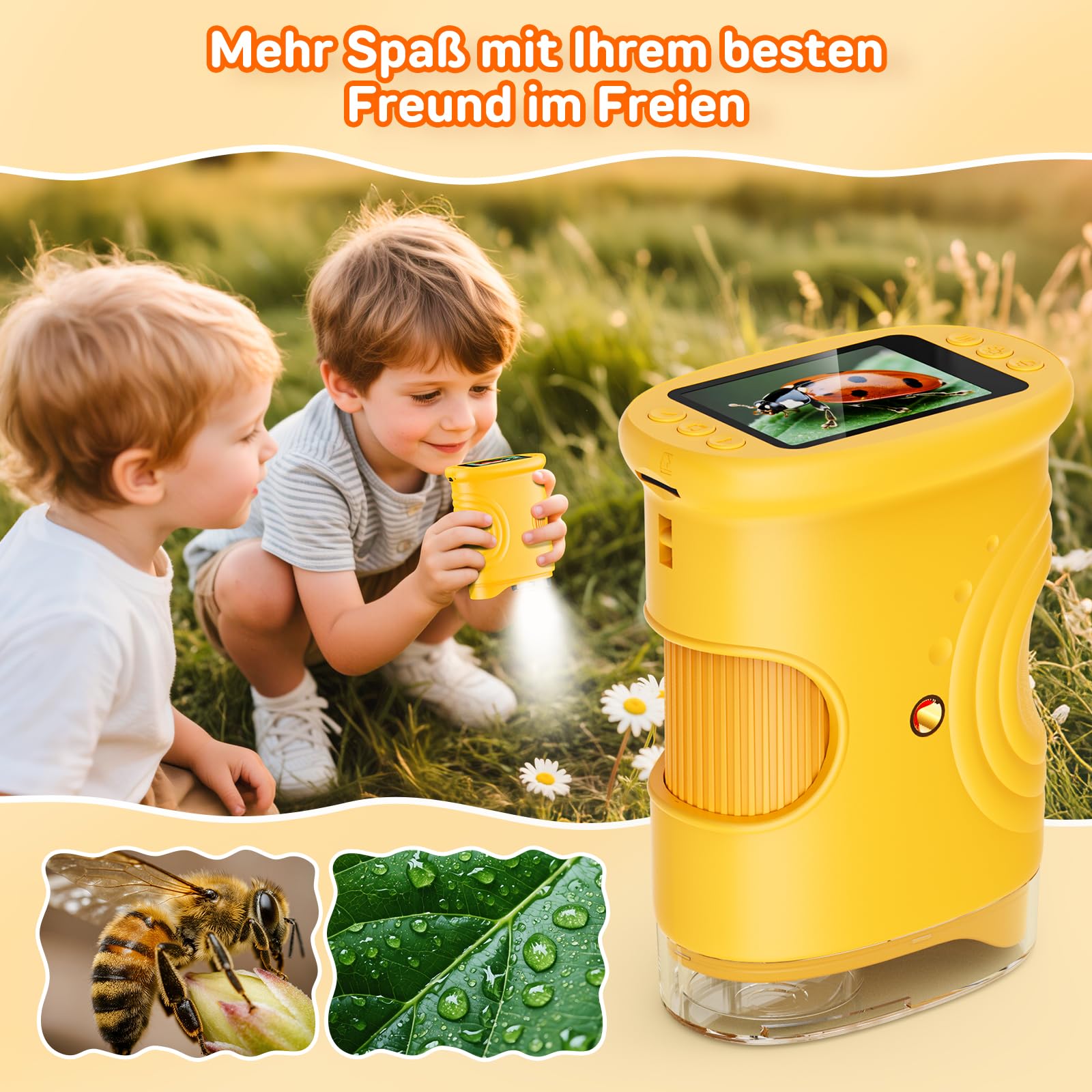 Ashfly Digitale Mikroskop für Kinder, [1000-fache Vergrößerung] -4K Tragbares Taschenmikroskop für Garten, Wald & Experimente, Kindermikroskop mit HD-2.0" Bildschirm [inkl Fotofunktion] ab 3 Jahren
