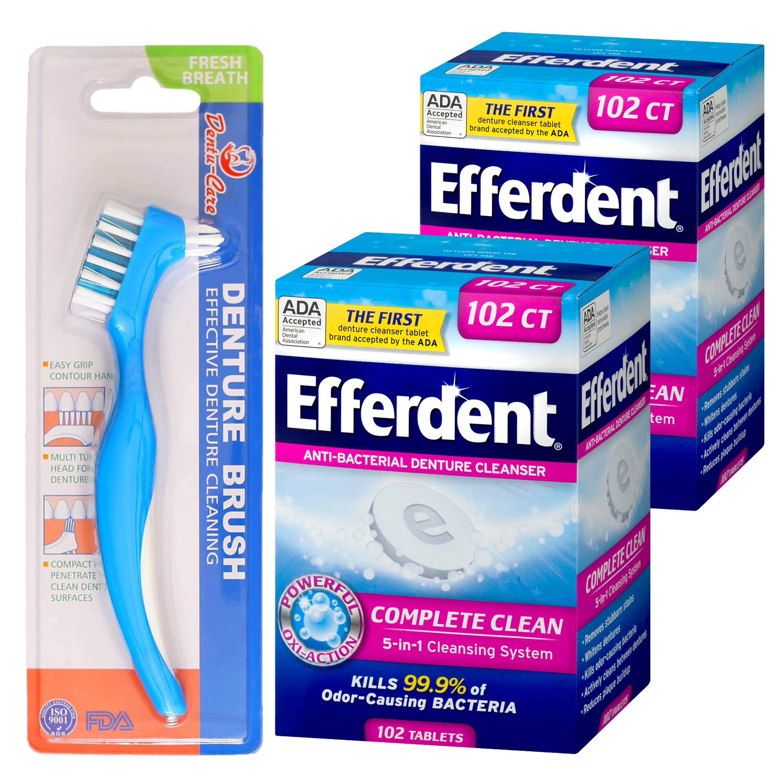 Denture Cleanser Complete Clean 204 Tablets Bundle with Dentu-Care Denture Brush for Maintaining Good Oral Care for Full Partial Dentures