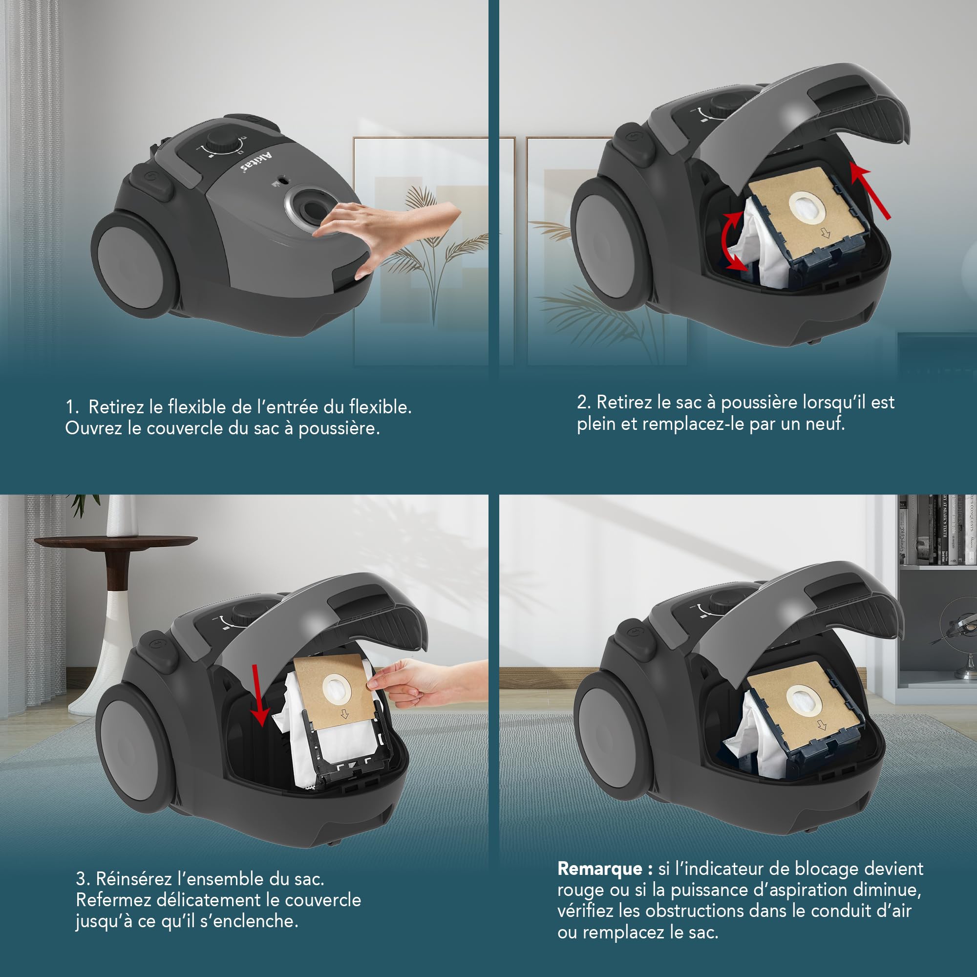 Akitas C5 Aspirateur avec Sac 850W, Portée 9m, Brosse Allemande Wessel-Werk, Filtre HEPA pour Allergies et Animaux, Compact et Léger