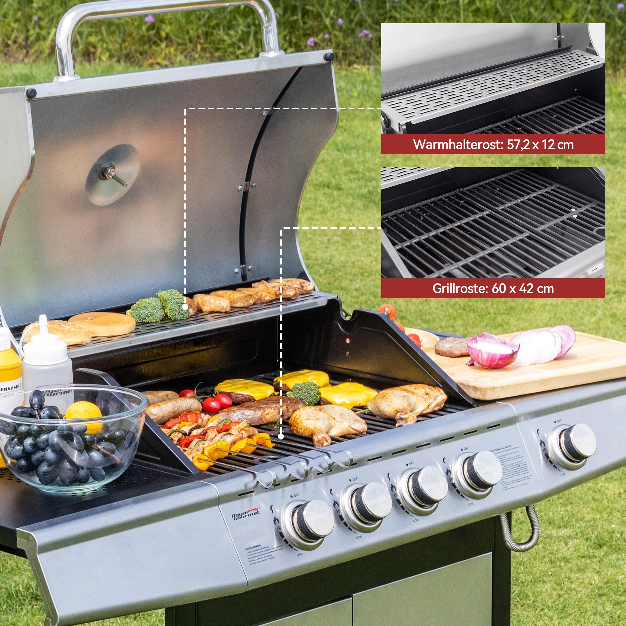 Royal Gourmet 4+1 Brenner Gasgrill Grillwagen mit automatischer Zündung,integriertem Thermometer und Unterschrank Edelstahl Brenner mit 14,5 kW Camping Gasgrill für Outdoor Barbecue Silber