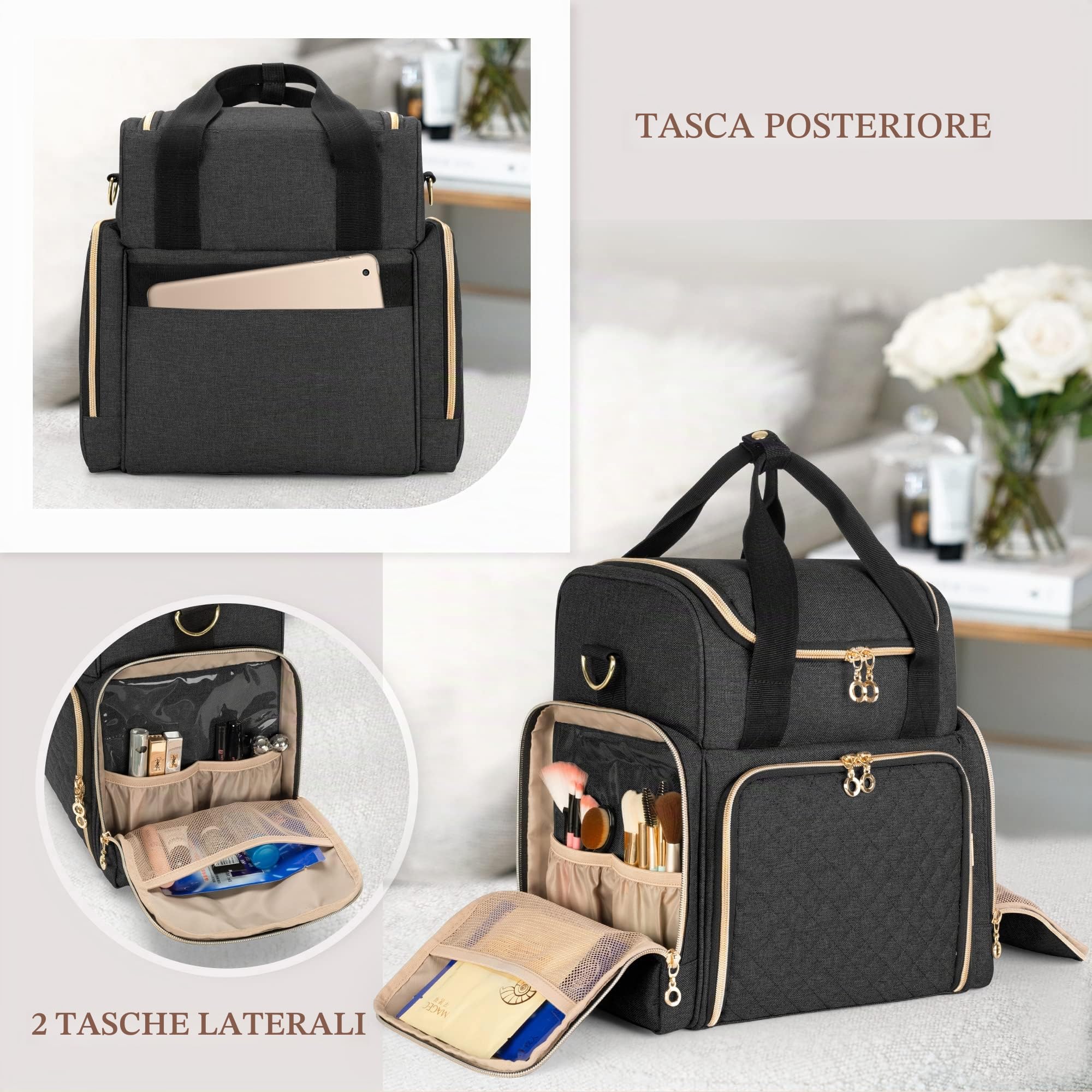 Luxja Borsa per il Trucco da Viaggio con 2 Custodie Rimovibili, Nero | Borsa per Cosmetici con Più Sezioni di Archiviazione, Borsa per Organizzatore di Trucco (Solo Borsa)