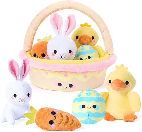 JOYIN 5 Pcs Easter Basket Plush Playset, Filled Basket with Bunny Chick Egg Carrot, Easter Toys Gifts Prefilled with Animal Stuffers for Baby