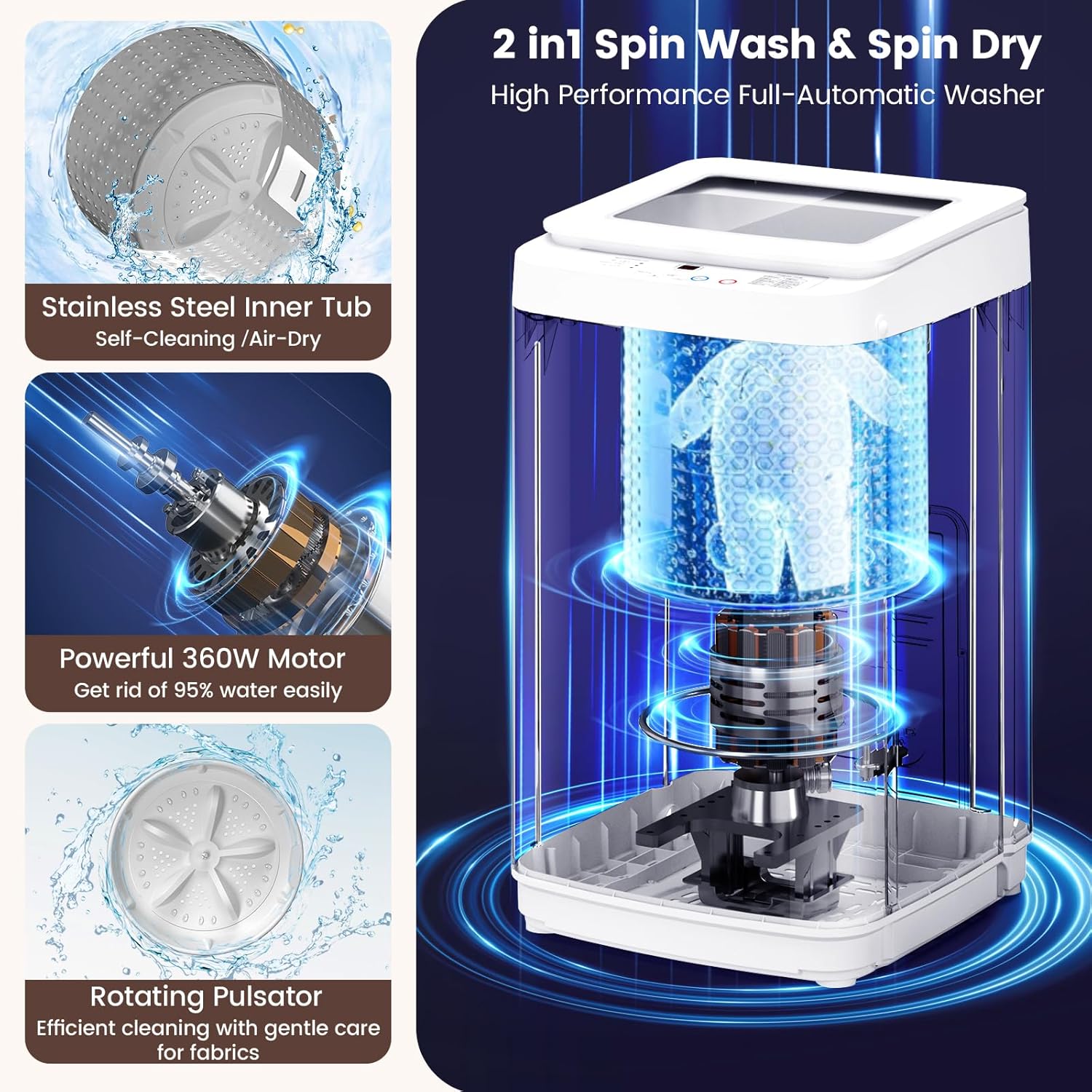 Auertech 14 lbs Portable Washing Machine, Fully Automatic Portable Washer with Glass Lid, 10 Wash Cycles, Compact Capacity Washer and Spin Dryer Combo with Drain Pump for Apartment, Dorm, RV