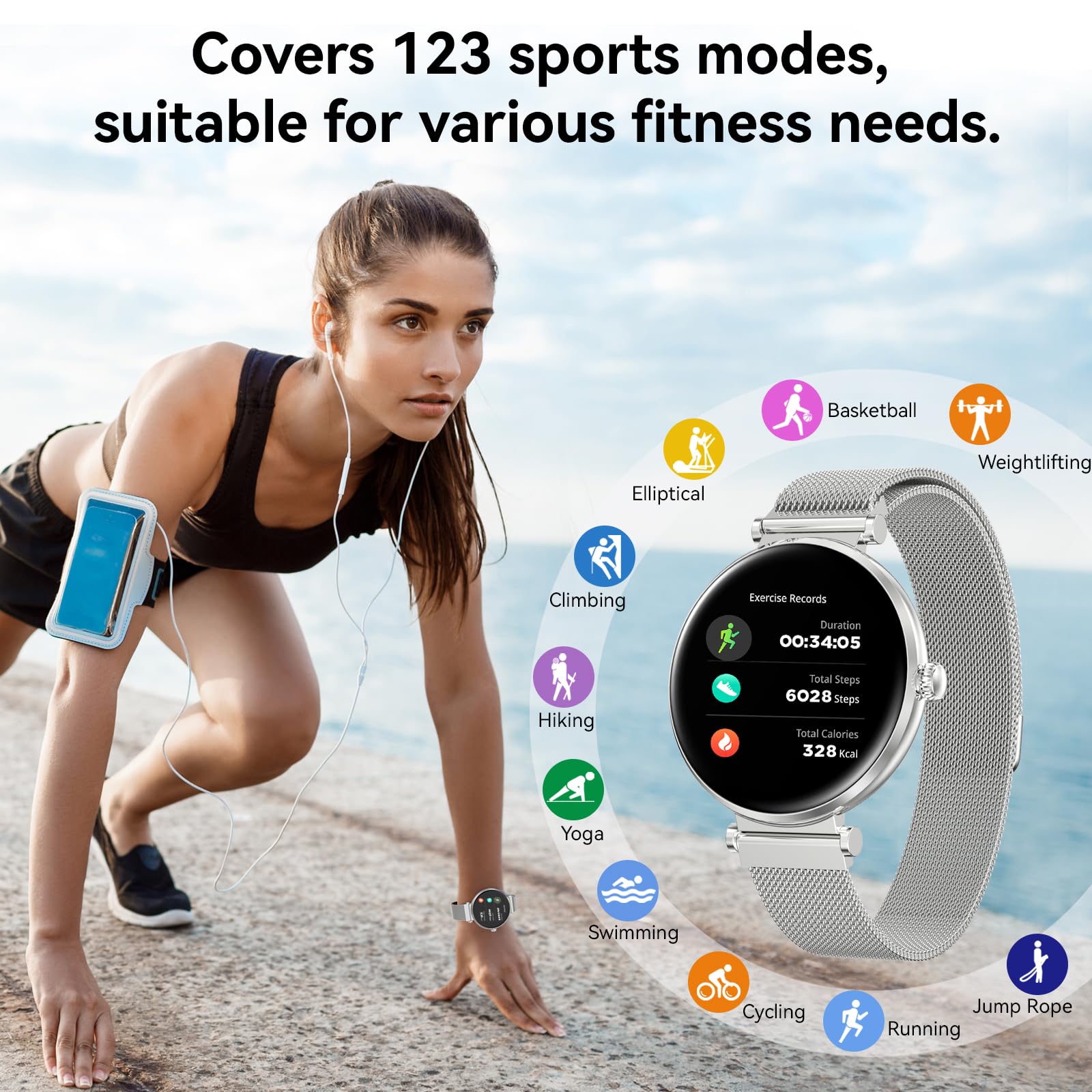 Bebinca Orologio da donna con funzione telefono, touch screen quadrato HD da 1,32", tracker fitness, impermeabile IP68/frequenza cardiaca/120+ modalità sport per Android iOS (Argento)