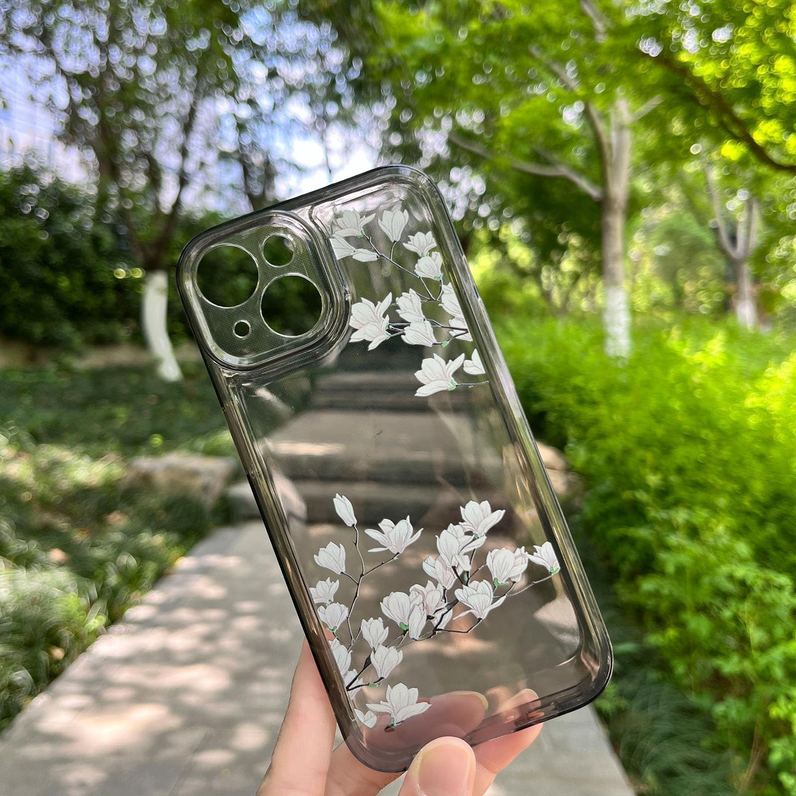 Compatible with iPhone 14 Printed Flower Floral Phone Case Shockproof Soft TPU Protective for iPhone Cases Transparent Black