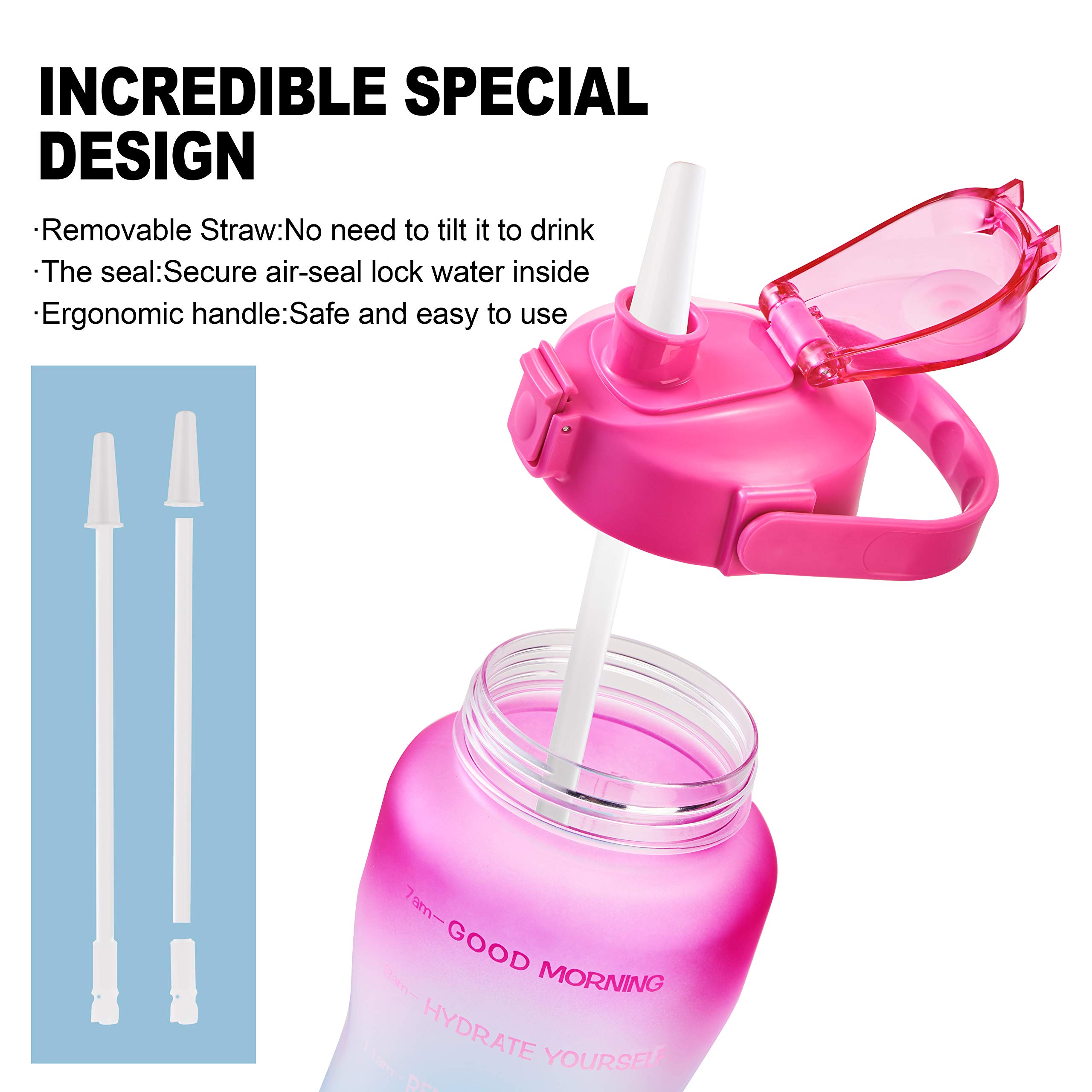 Gourde Bouteille d'eau potable étanche de 1,8 l avec marqueur de temps motivant, sans BPA, pour le fitness, la gym et les sports de plein air (dégradé rose/vert)