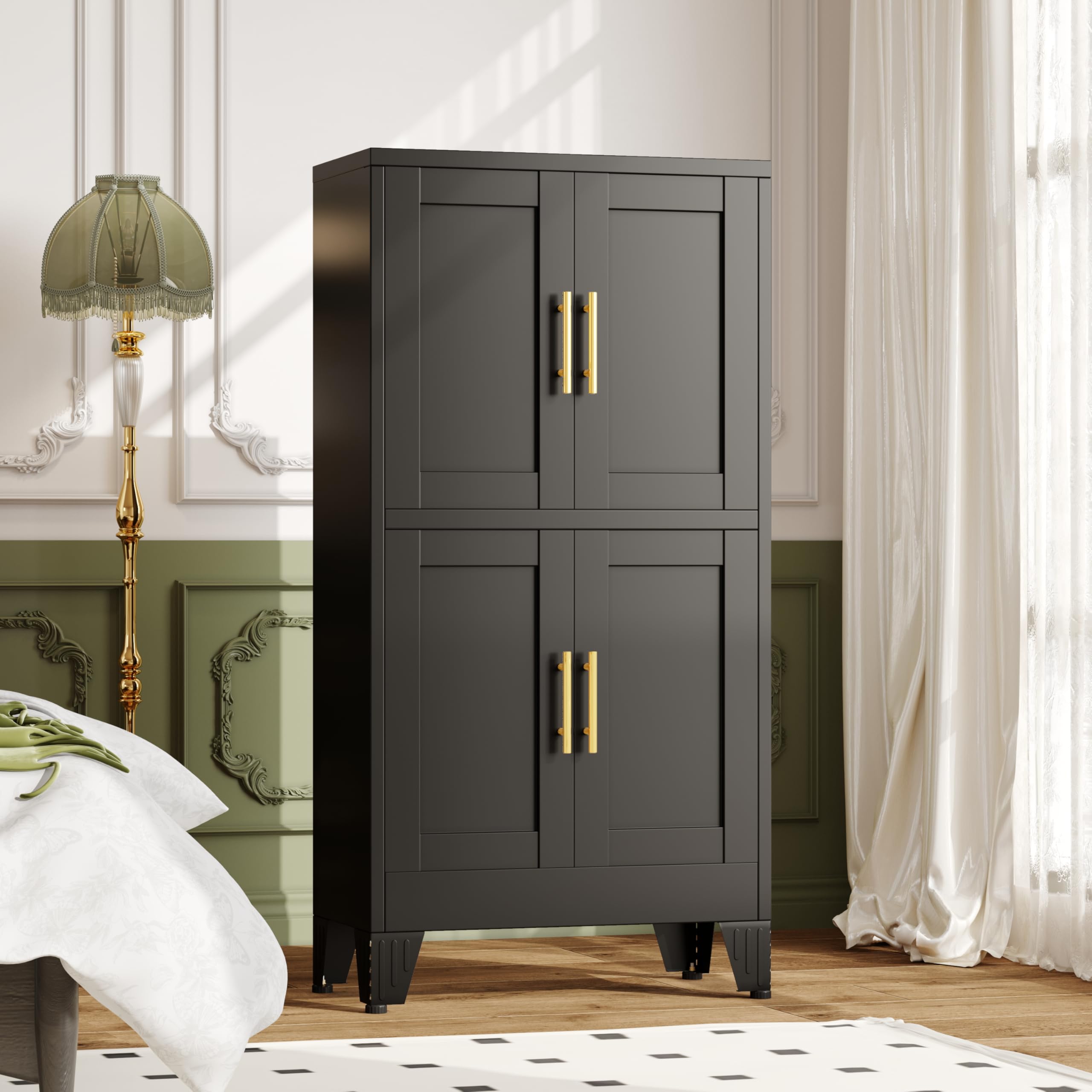 winiowa 47" Tall Kitchen Pantry Cabinet, Metal Storage Cabinet with Doors and Adjustable Shelves, Black Freestanding Pantry Cabinet for Kitchen,