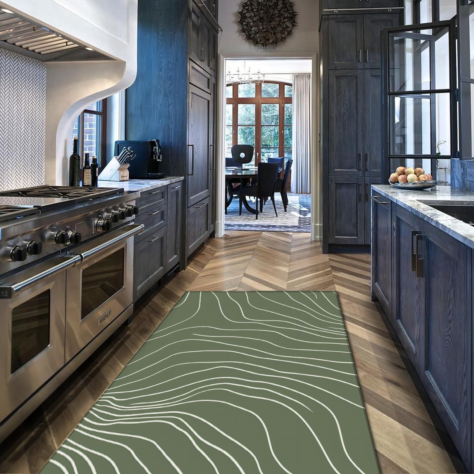 Tapis de Style Moderne Tapis de Lignes Blanches Tapis Vert Sauge Tapis de Cuisine Tapis de Chambre Lavable antidérapant Paillassons intérieurs pour l’entrée de la Maison 60x180cm
