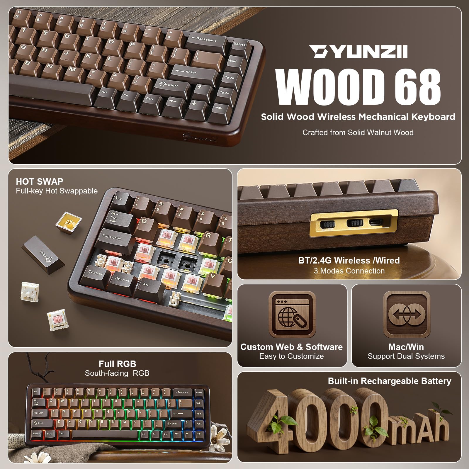 YUNZII WOOD68 Bezprzewodowa Klawiatura Mechaniczna, 68% Layout Drewniana Klawiatura Gamingowa, BT/2.4G/USB-C, Podświetlenie RGB (Brown, Candy Linear Switch)