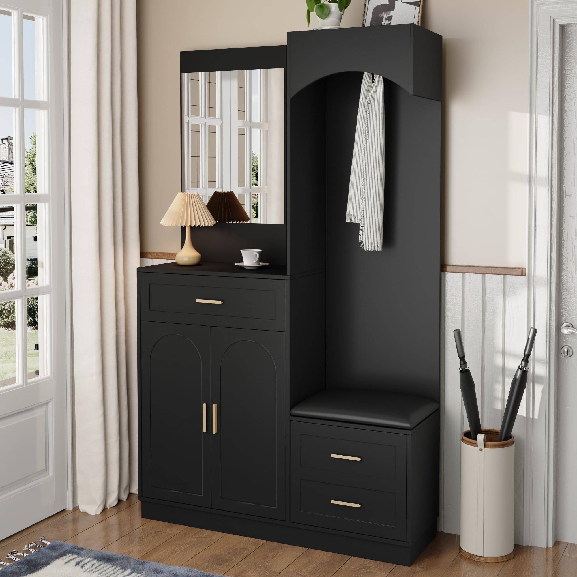 BTM Moderne Garderoben Sets für den Flur Garderobenständer mit Schuhschrank Flurgarderobe mit Spiegel, Sitzbank, Schwarz