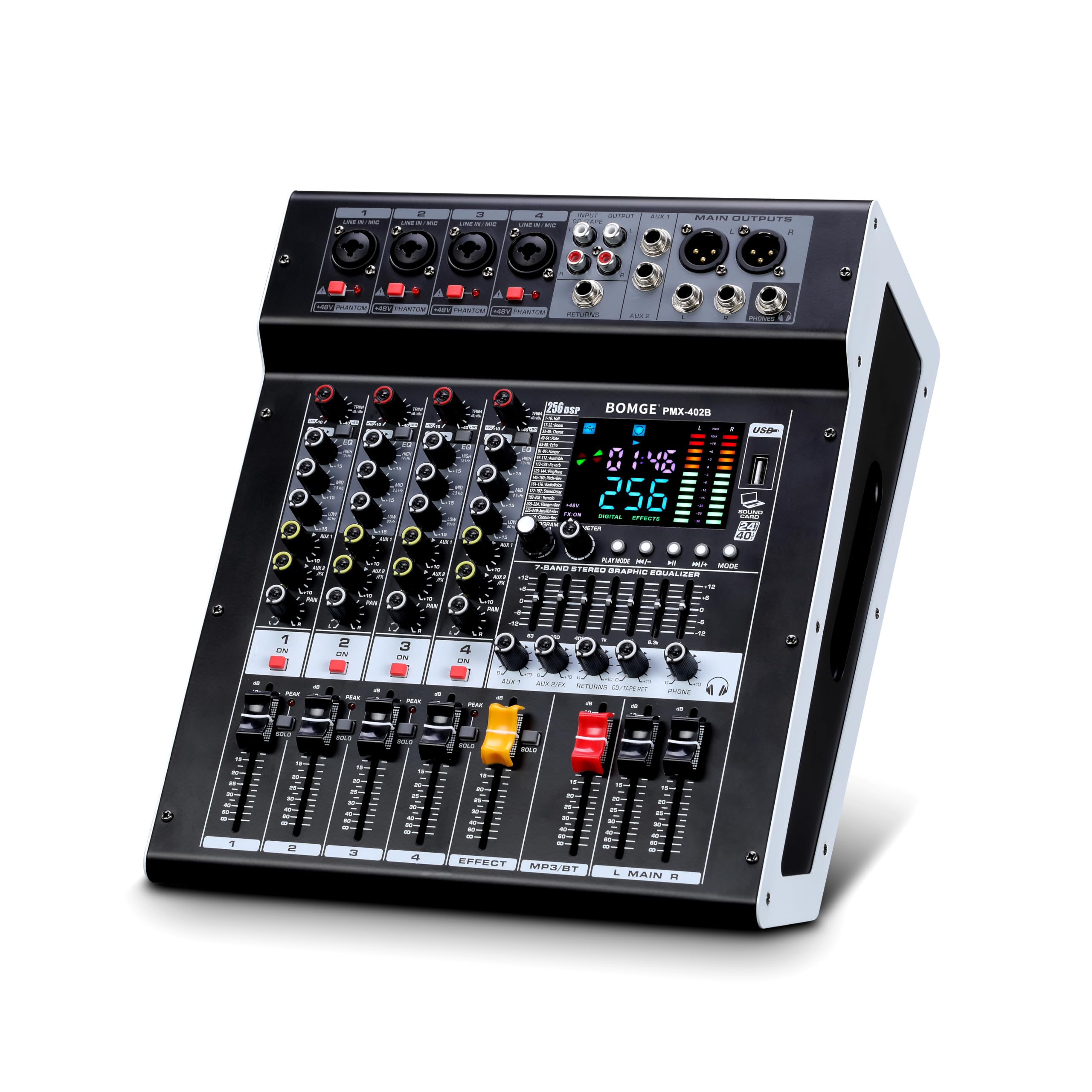 BOMGE 4-Channel Audio Interface Mixer with 256 DSP, Bluetooth 48V Phantom Power, 2x350W Amplifier (4 Ohm) for Studio Recording, DJ Mixing, Karaoke, Concert Party &amp; Streaming​