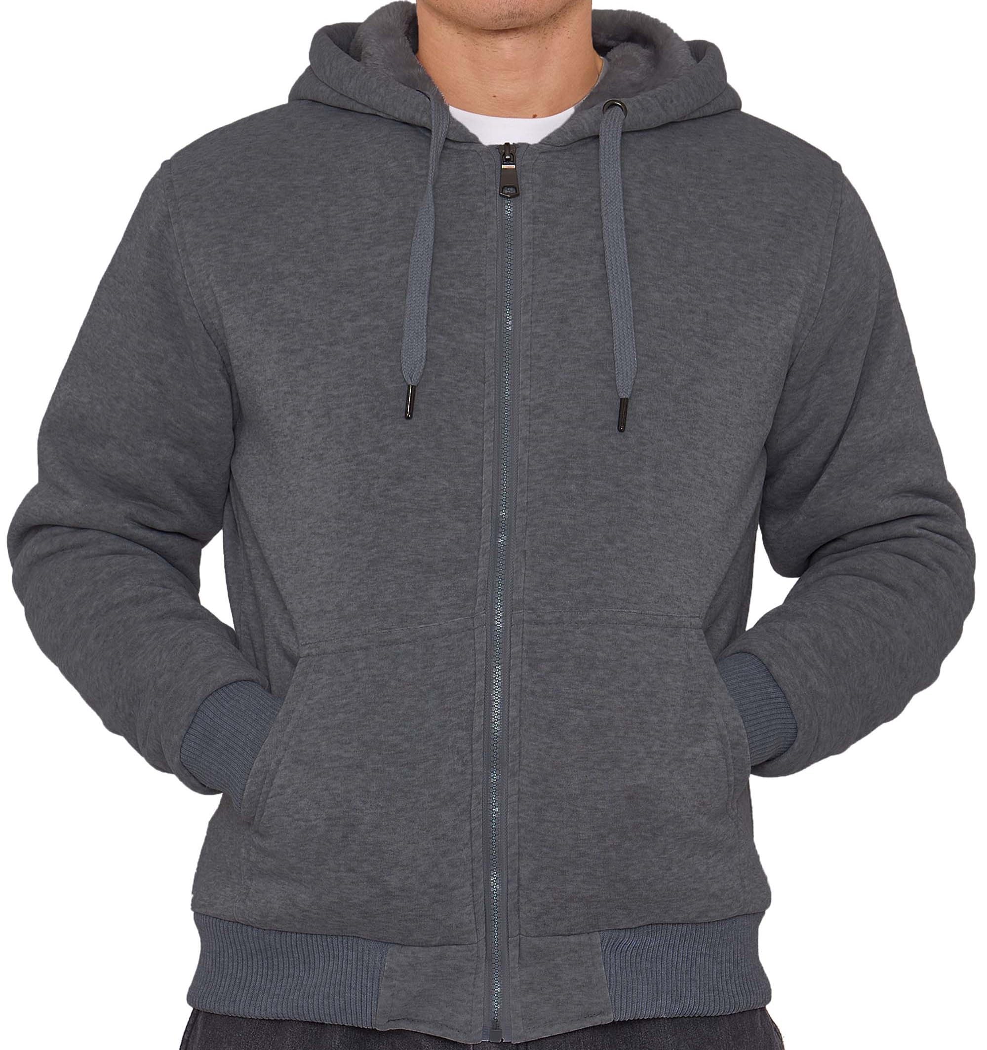 Label Apparel Men's Charcoal ’S Fur-Lined Zip Hoodie Plain Full-Zip Winter Jacket With Plush Faux-Fur Hood, Warm Cotton-Blend Fabric & Ribbed Cuffs Soft Casual Sweatshirt For Cold Weather(