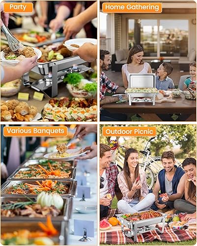 Miniatura 6 de Juego de 4 platos de 8 cuartos de galón de acero inoxidable calentador de alimentos con bandeja de agua, soporte de combustible para rozaduras para