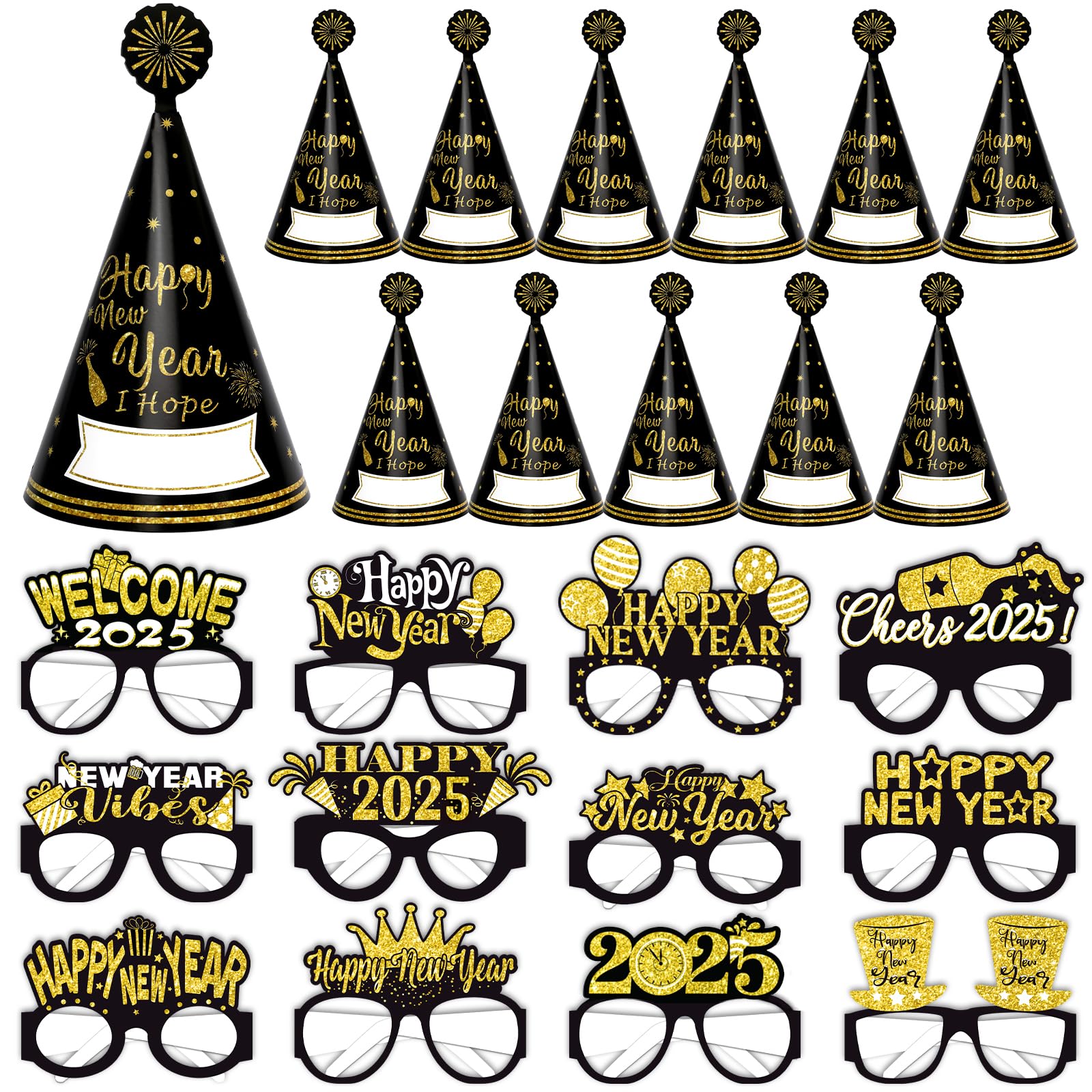 Silvester Deko 2026, 8 Stück Glitter Schwarz Gold Happy New Year