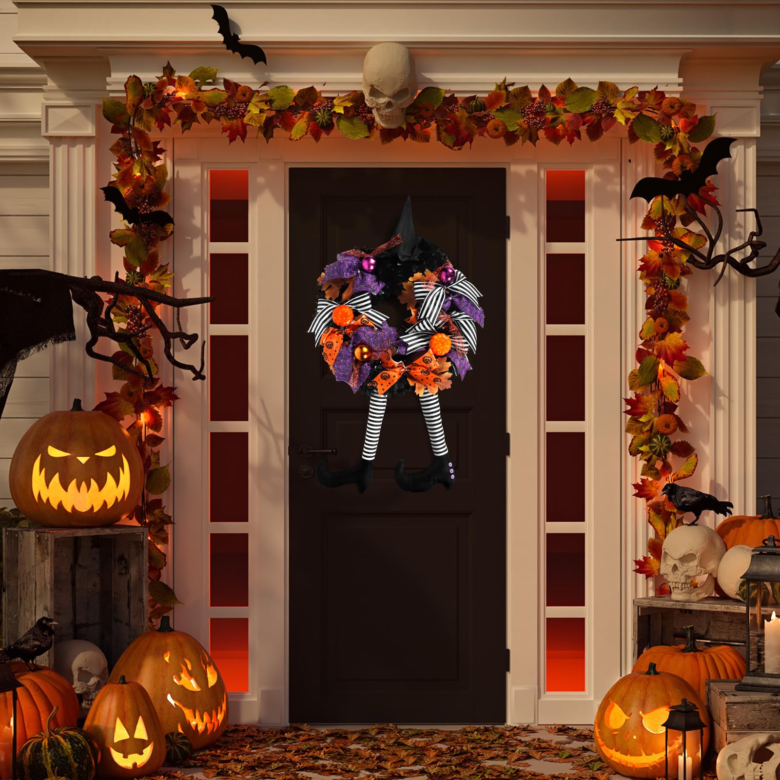Halloweenowy Wieniec na Drzwi z Nogą Czarownicy, Strasznym Kapeluszem Wiedźmy i Dynią - Dekoracja na Halloween, Podwórko, Werandę, Okna