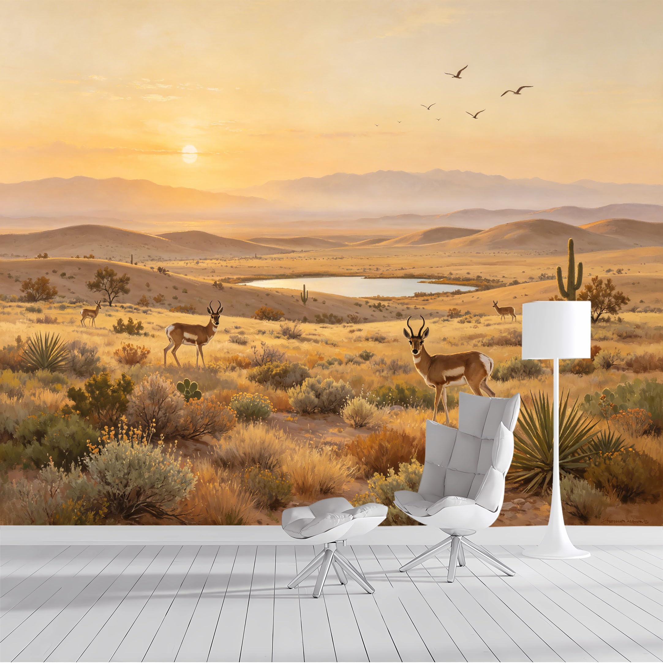 Custom Size Wall Mural Desert Landscape Sunset Antelope Wildlife Oil Painting SelfAdhesive Wall Fabric Removable Peel and Stick Wallpaper Wall Decor for Living Room Bedroom Bathroom