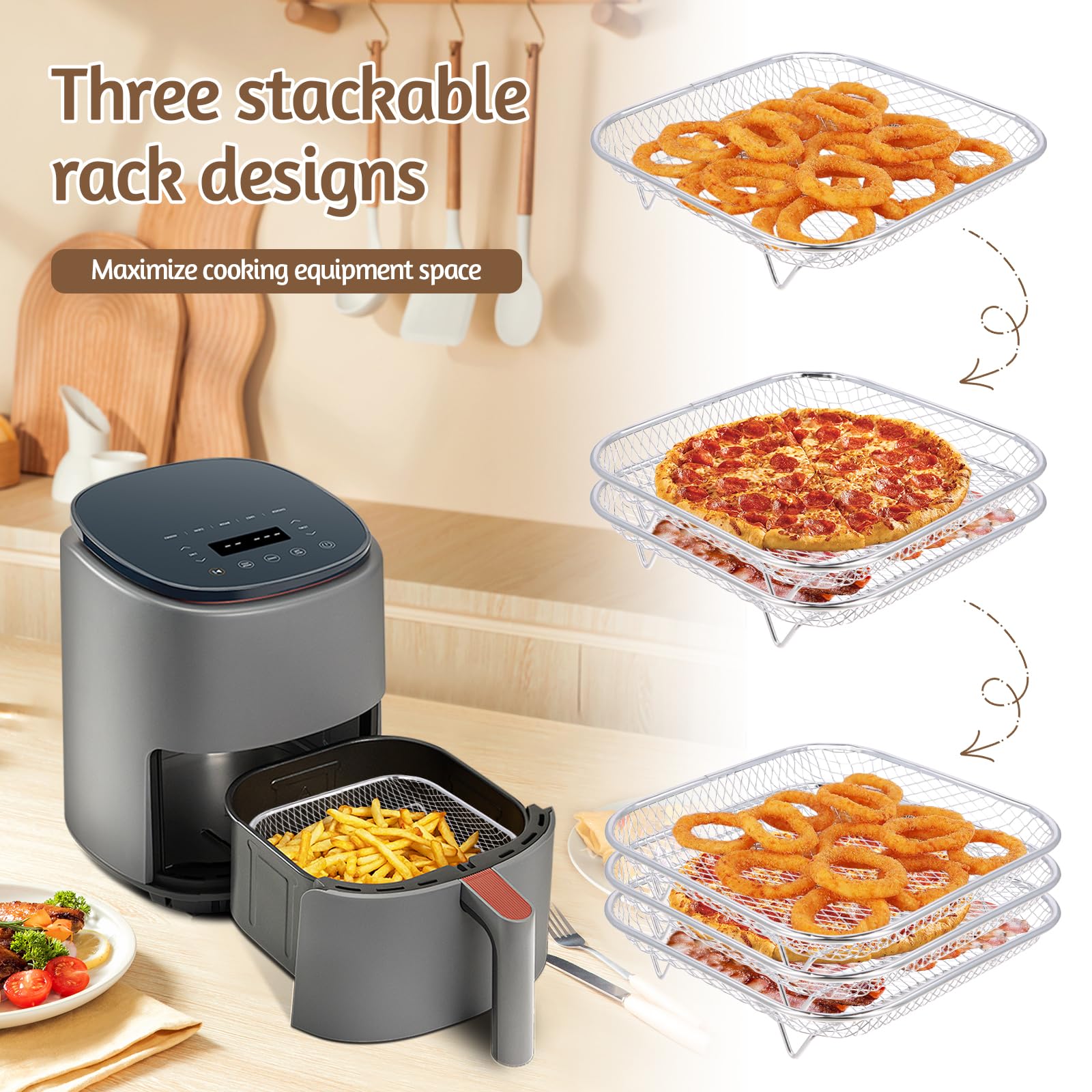 Carrée Air Fryer Rack Empilable en Acier Inoxydable, 20cm Grilles pour Friteuse, Griller Rack Air Fryer Accessoires pour Barbecue, Four, Air Fryer Déshydrateur Rack Grill Rack Air