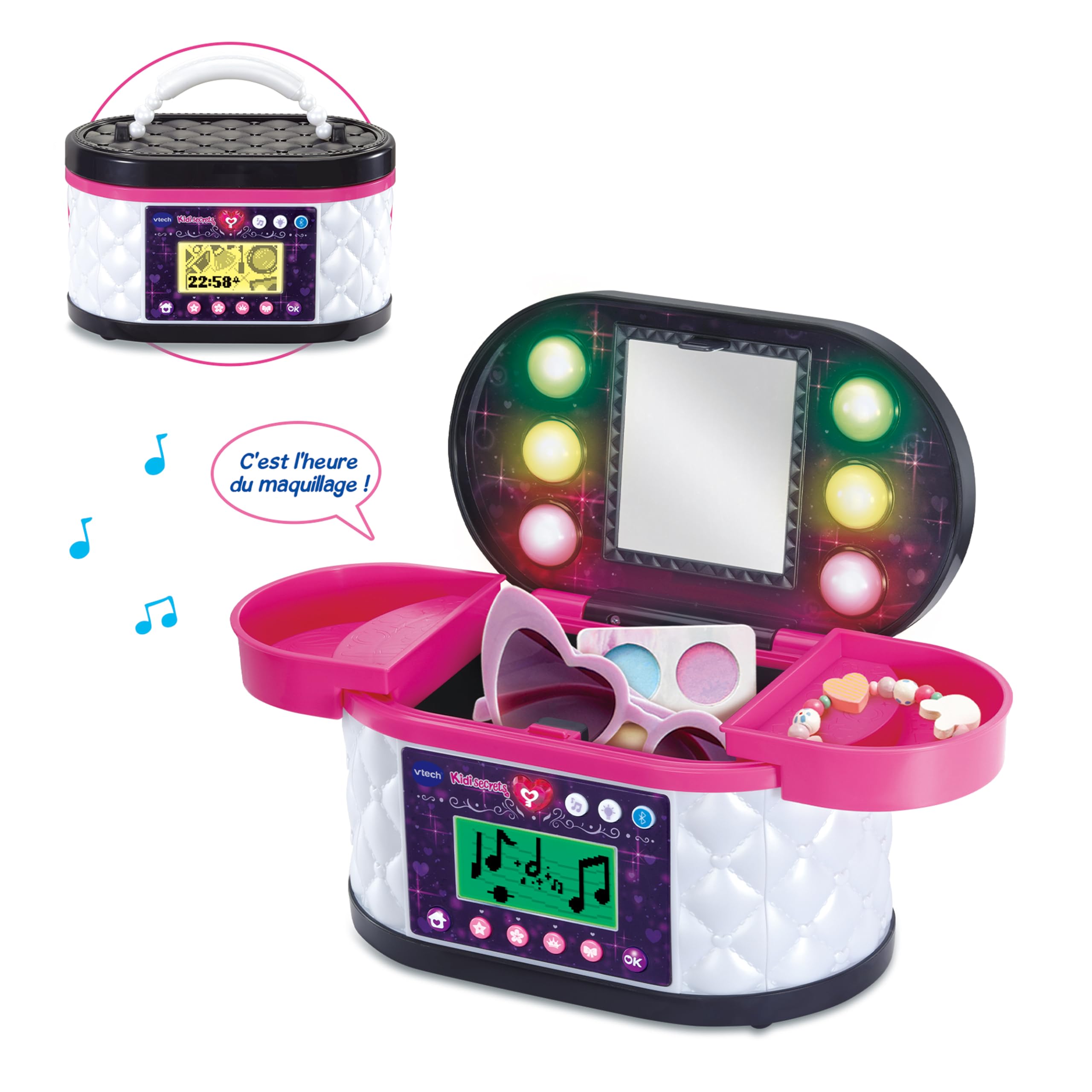 VTech - KidiSecrets Ma Mallette Beauté Magique Noire - Boîte Secrète avec Code, Miroir LED, Bluetooth, Jeux - Vanity Maquillage, Boîte à Bijoux Musicale - Cadeau Enfant Dès 5 Ans - Contenu en Français