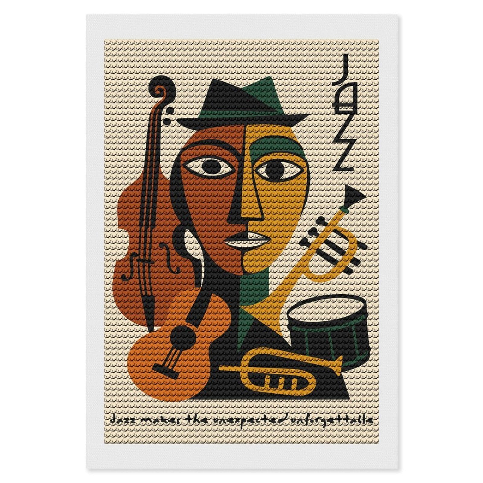 Junmoney Abstract Jazz Musician with Instruments Diamond Painting Canvas Set 8"x12", for Beginners, Complete Accessories, Christmas Gift, Modern Decor