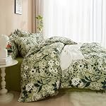 Botanical Floral Duvet Cover Set Queen 100% Cotton Reversible Bedding | White Flower Blossom & Emerald Green Leaves Printed on Sage Green, 3Pcs Modern Farmhouse Garden Aesthetic Comforter Cover