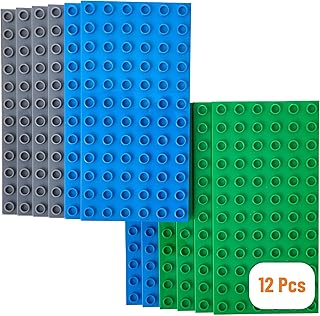 Classic Big Briks Baseplates by Strictly Bricks | Premium 7.5" x 3.75" Large Brick Building Base Plates | 100% Compatible with All Major Large Brick Brands | 12 Stackable Baseplates Blue, Gray & Green