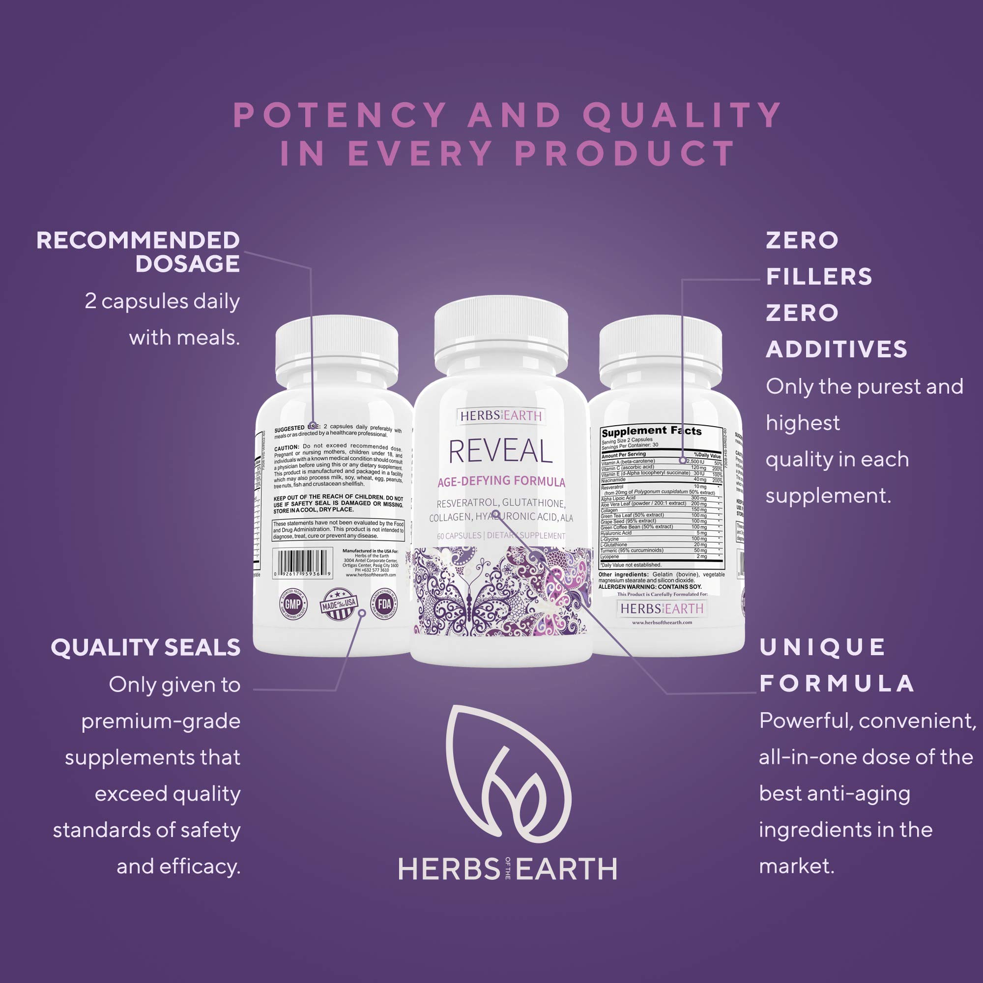 Reveal Glutathione Collagen Age Defy Whitening Glowing Skin, Hyaluronic Acid ALA Aloe Vera Resveratrol L Glycine