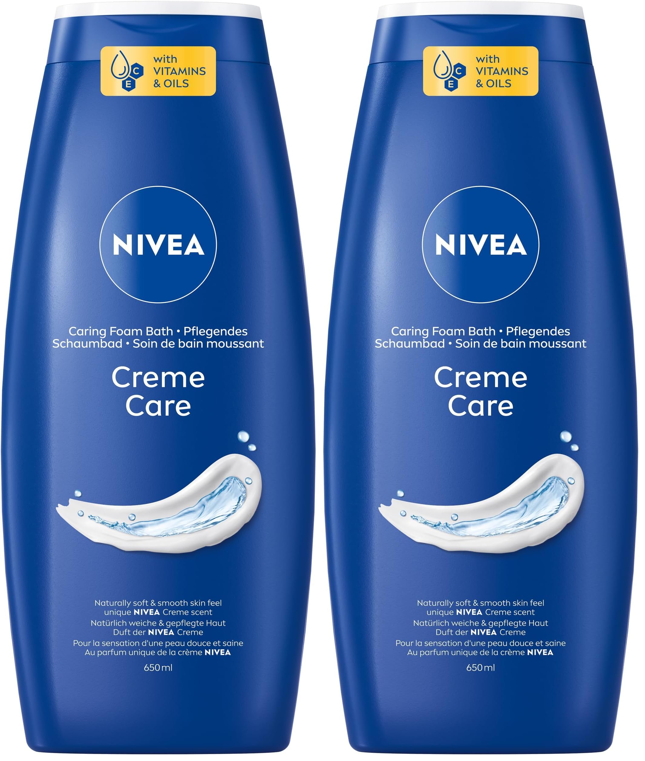 NIVEA Creme Care Pflegendes Schaumbad, pflegender Badezusatz mit entspannendem Duft, hautschützendes Entspannungsbad für ein verwöhntes Hautgefühl (650 ml) (Packung mit 2)