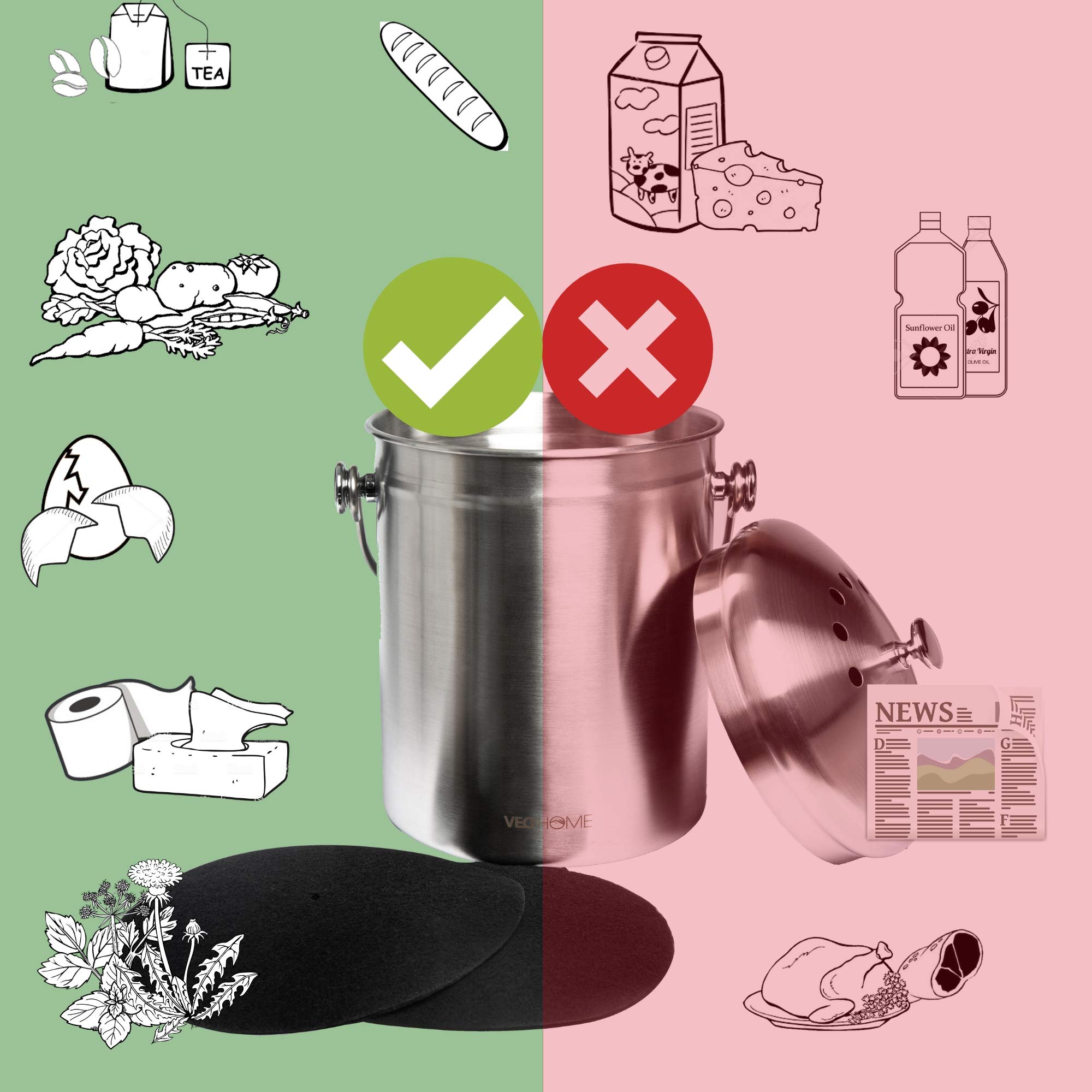 VeoHome Poubelle à Compost de Cuisine in INOX - bac à Compost de Table pour déchets organiques épluchures