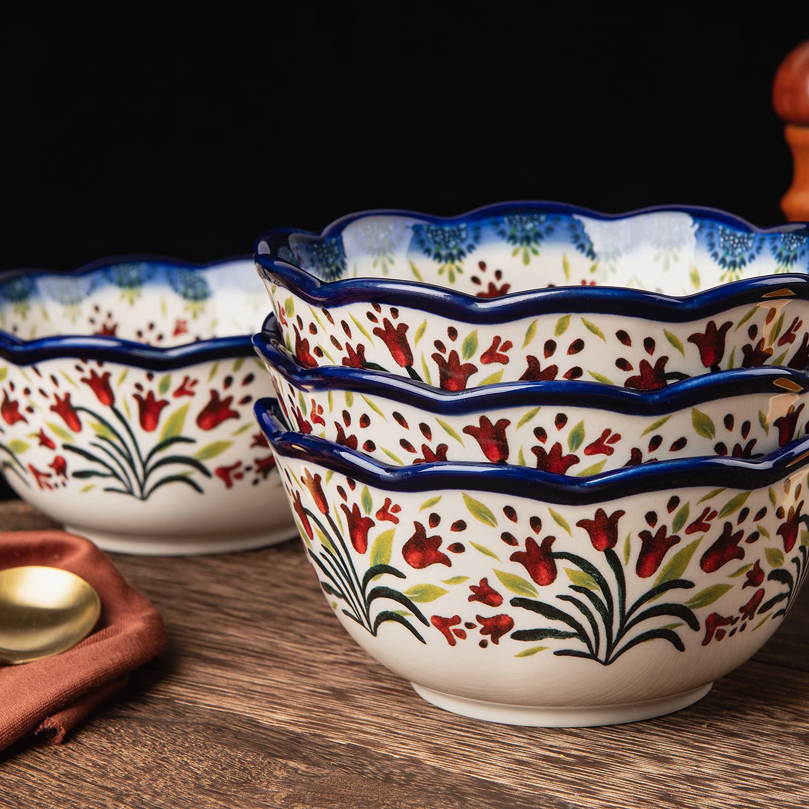 Müslischalen aus Keramik, 15.2 cm, Servierschüsseln, 4 Stück, ideal als Müslischalen, Suppen, Snacks, Reis- und Salatschüsseln, 590 ml, Vintageblau (die Tulpe)
