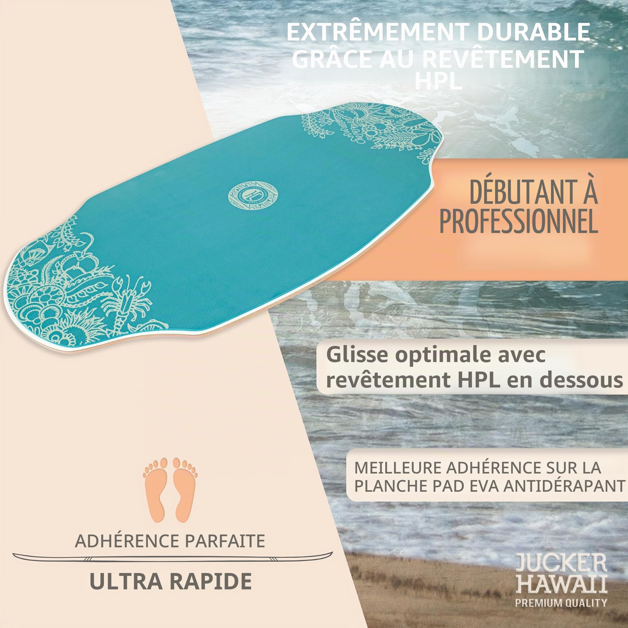 JUCKER HAWAII Skimboard - Planche de ski professionnelle avec revêtement HPL, surface antidérapante, ultra rapide, extrêmement robuste et durable, charge jusqu'à 115 kg - Pour débutants et