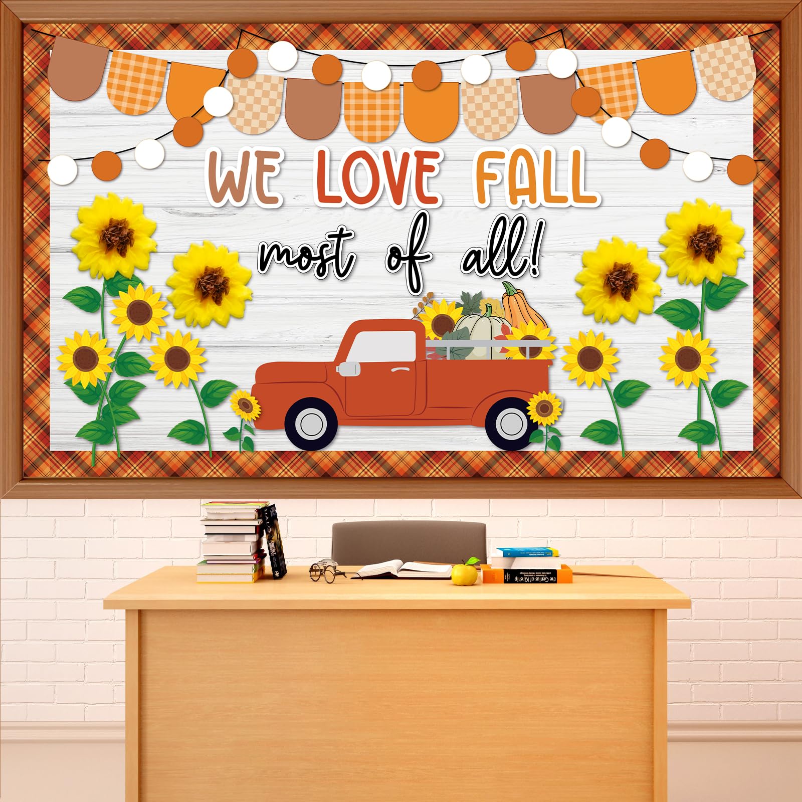 3D Fall Sunflower Classroom Bulletin Board Decors Brown Plaid Borders with 3D Autumn Paper Sunflower We Love Fall Most of All Truck Cutouts for Student Teacher School Office Chalkboard Wall Supplies
