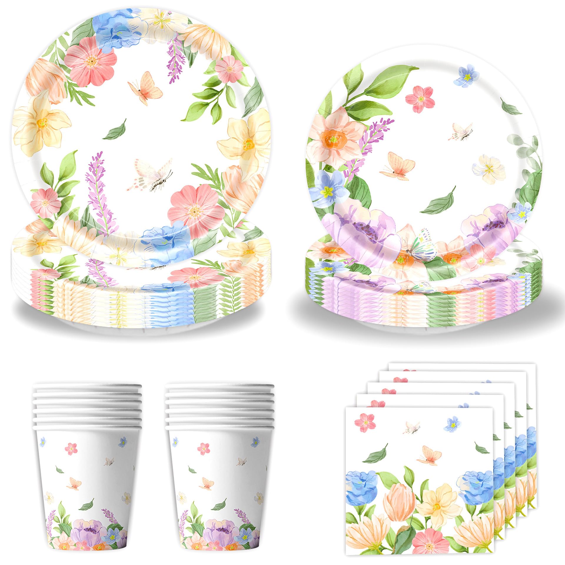 Fadcaer 50 Pcs Wildflower Butterfly Party Tableware Set,Floral Paper Plates and Napkins Flower Party Plates Cups and Napkins,Spring Flower Garden Party Supplies for Picnic Wedding Tea Party Serves