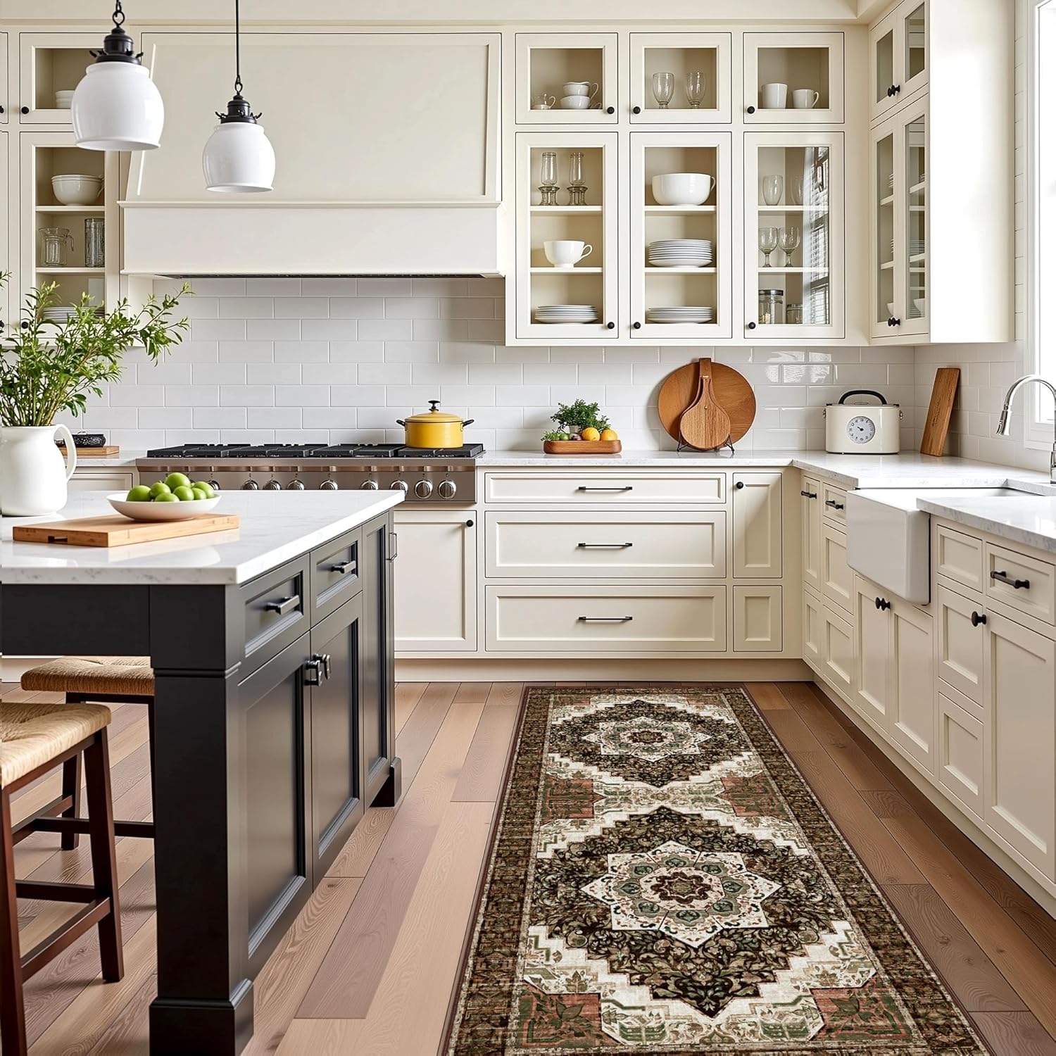 Tritard Non Slip Kitchen Rugs Sets of 3 Washable Boho Kitchen Mats for Floor Vintage Farmhouse Kitchen Rug Soft Runner Rug for Hallway, Laundry Room, Indoor Entryway, 24"x32"+24"x48"+24"x59", Brown