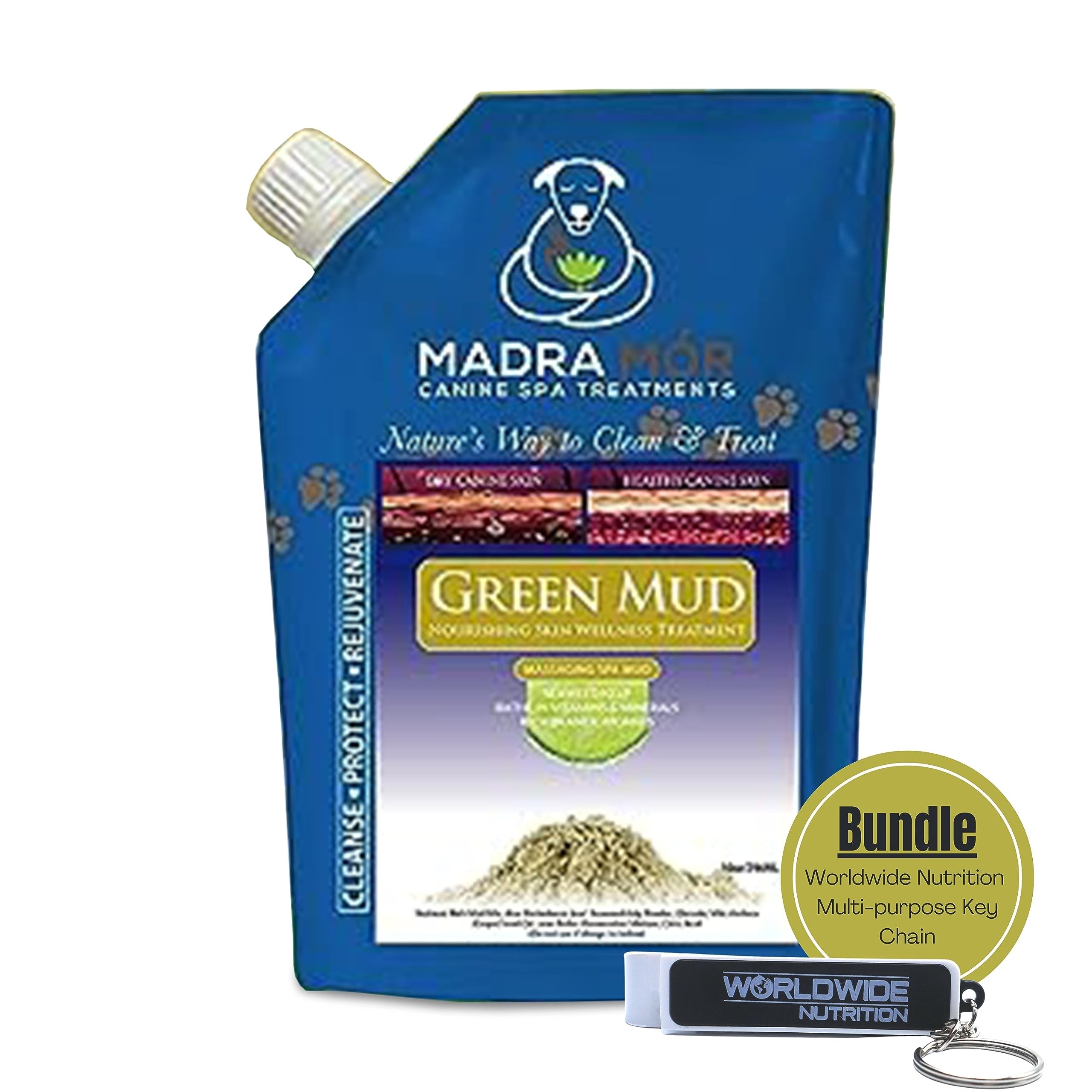 Worldwide Nutrition Bundle: Madra Mor - Dog Essentials Mud Bath, Dog Grooming, Dry Skin for Dogs Treatment, Dog Coat Skin Care Products - 10oz Pouch &amp; Multi-Purpose Key Chain