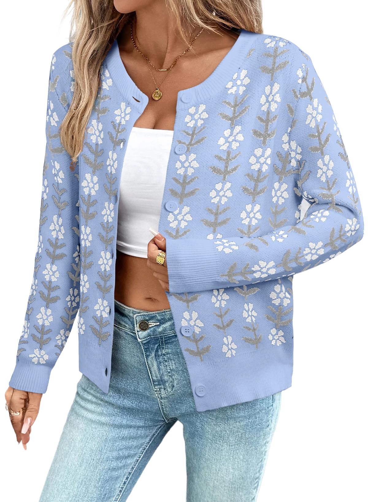 Sidefeel Womens Button Down Cardigan Sweater Long Sleeve Cute Floral Printed Cropped Sweater Coats