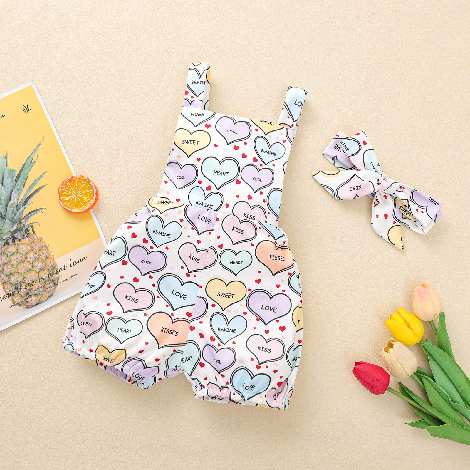 Infant Baby Girl Valentines Day Outfit Overalls Shorts Love Heart Print Suspender Trousers Jumpsuit (White, 6-9 Months)
