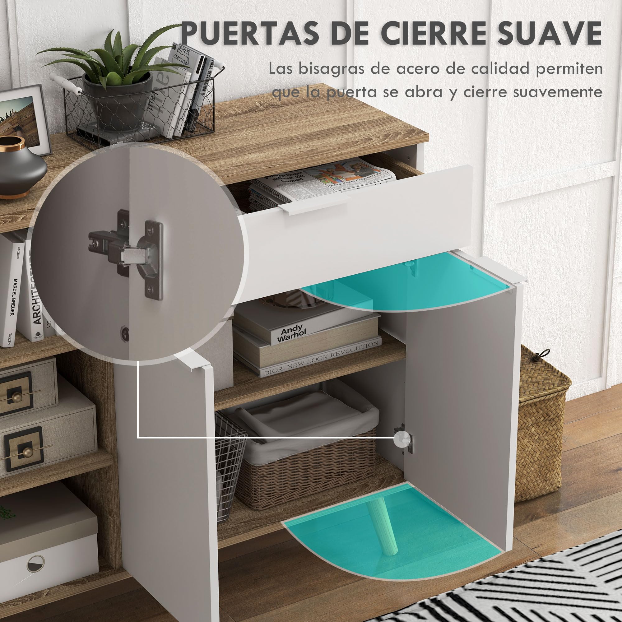 HOMCOM Aparador de Salón Moderno Aparador de Cocina con 1 Cajón 2 Puertas de Cierre Suave y Estantes Ajustables para Comedor Pasillo Dormitorio 95x35x85 cm Blanco y Natural