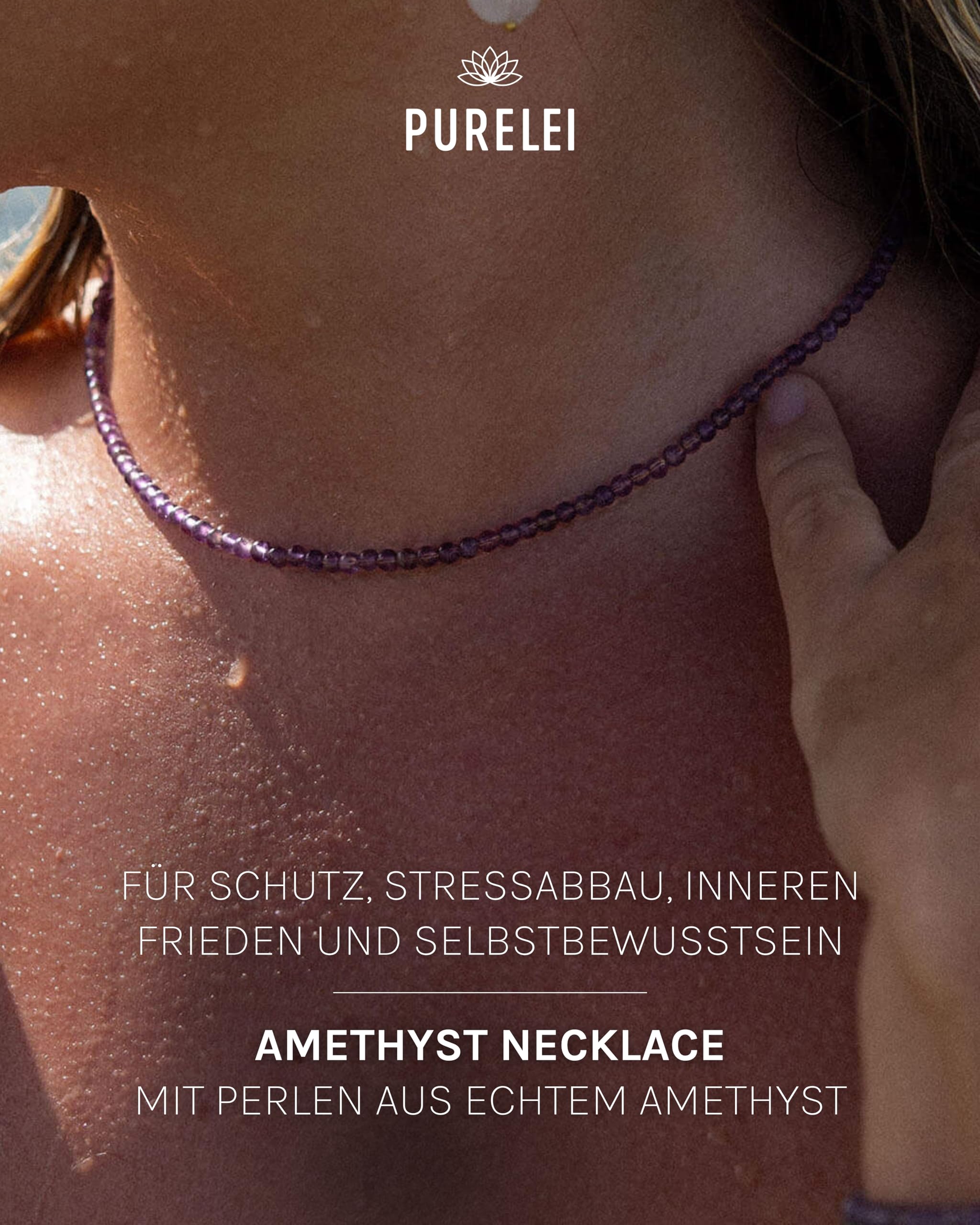 Purelei Amethyst Kette, Damen Halskette aus langlebigem Edelstahl, Wasserfeste natürliche Amethystperlenkette, 35-40 cm cm Länge verstellbar
